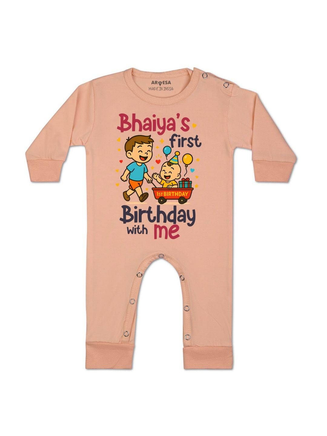Bhaiya First Birthday With Me Printed Baby Rompers