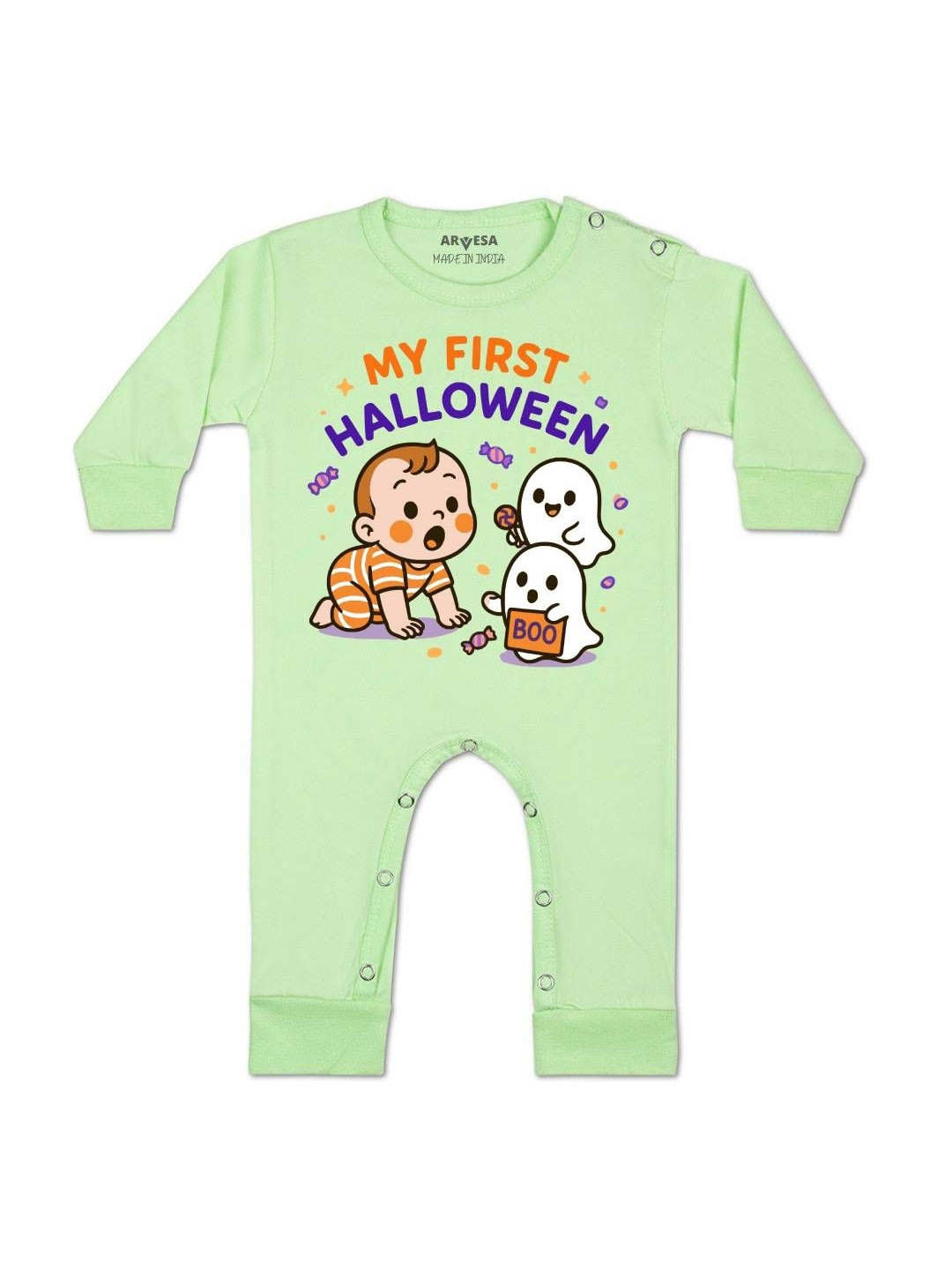 Arvesa Kids My First Halloween Printed Green Cotton Rompers
