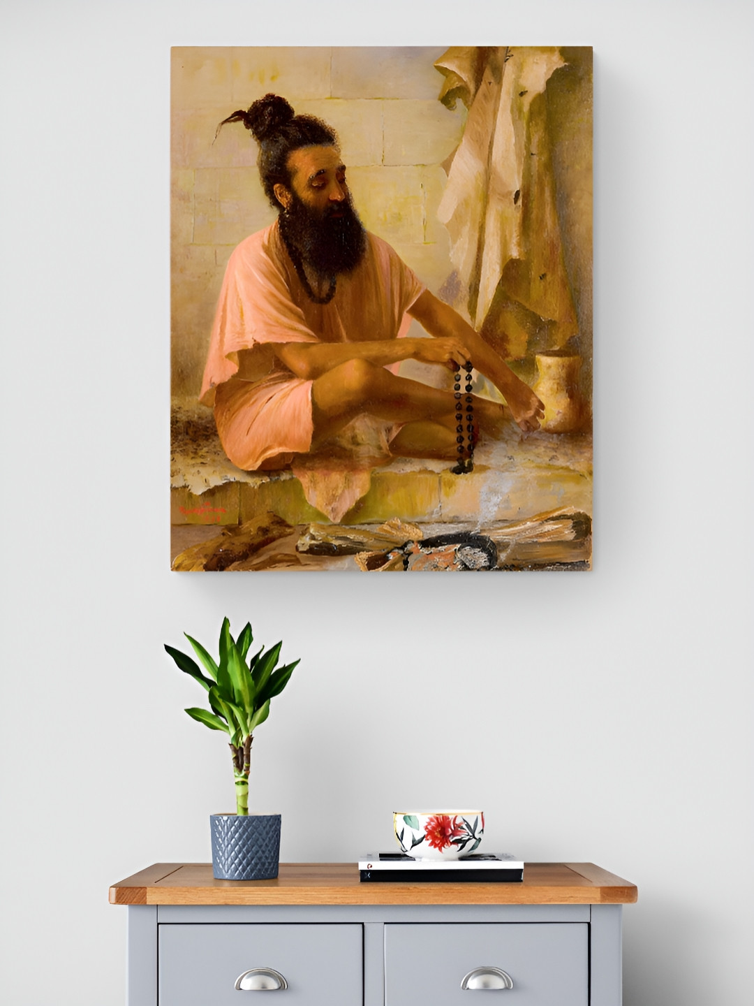 Tushaco Handicrafts Brown & Black Swami Vishwamitra In Meditation Printed Canvas Wall Art