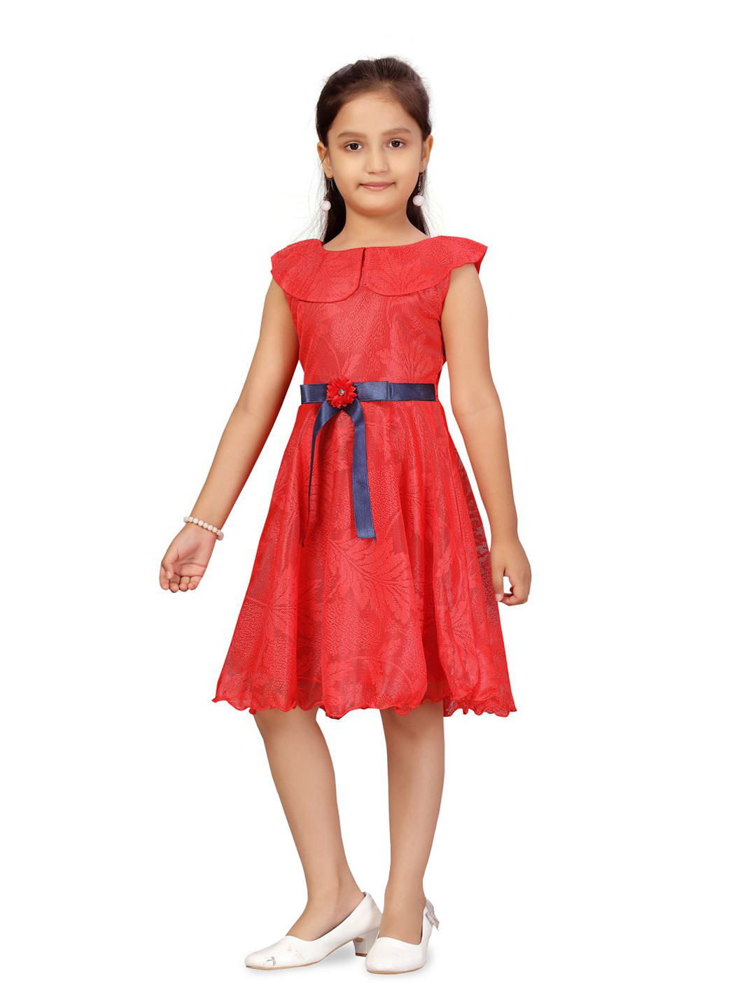 BAESD Girls Self Design Above the Keyboard Collar Net Fit & Flare Dress