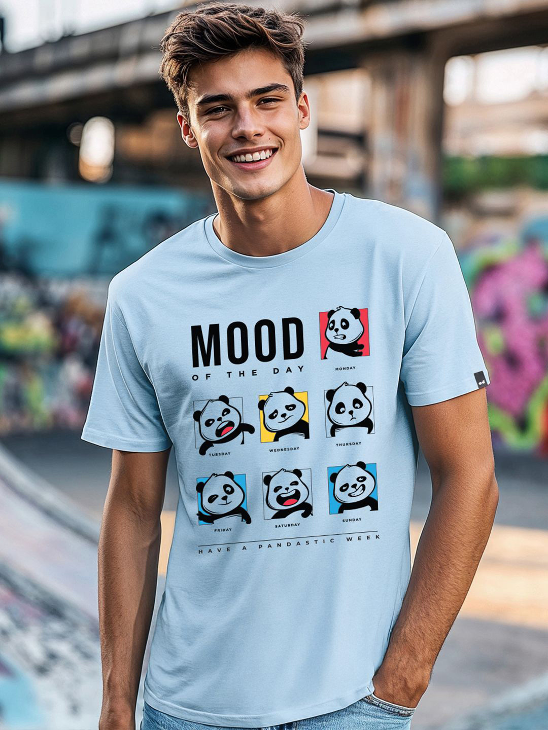 Bewakoof Men's Sky Blue Motd Panda Graphic Printed T-shirt