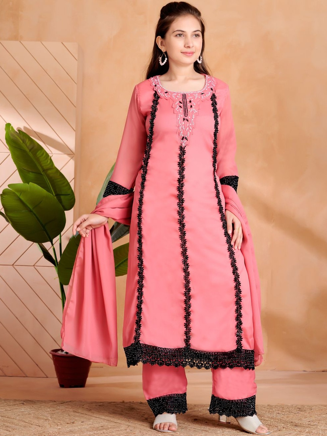 Muhuratam Girls Ethnic Wear Gajri Colour Hand Embroidery Kurti Pant Set With Dupatta