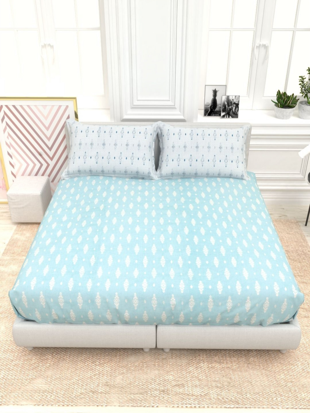 THE WHITE MOSS Orchid Blue Printed Pure Cotton 300TC King Bedsheet Set 2.7 m x 2.7 m