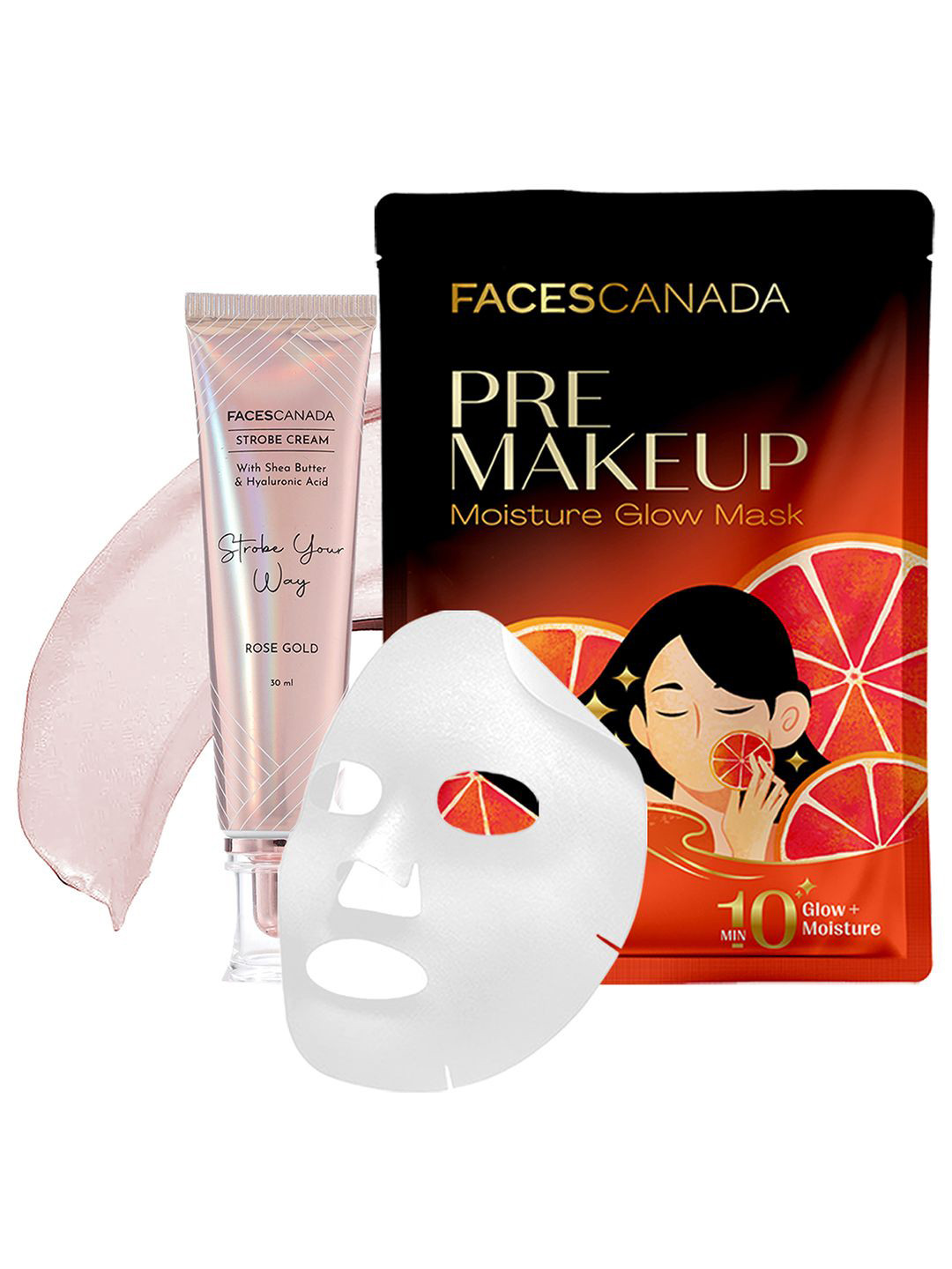 FACES CANADA Set Of 2 Strobe Cream - 30 ml Rose Gold & Pre-Makeup Moisture Glow Sheet Mask