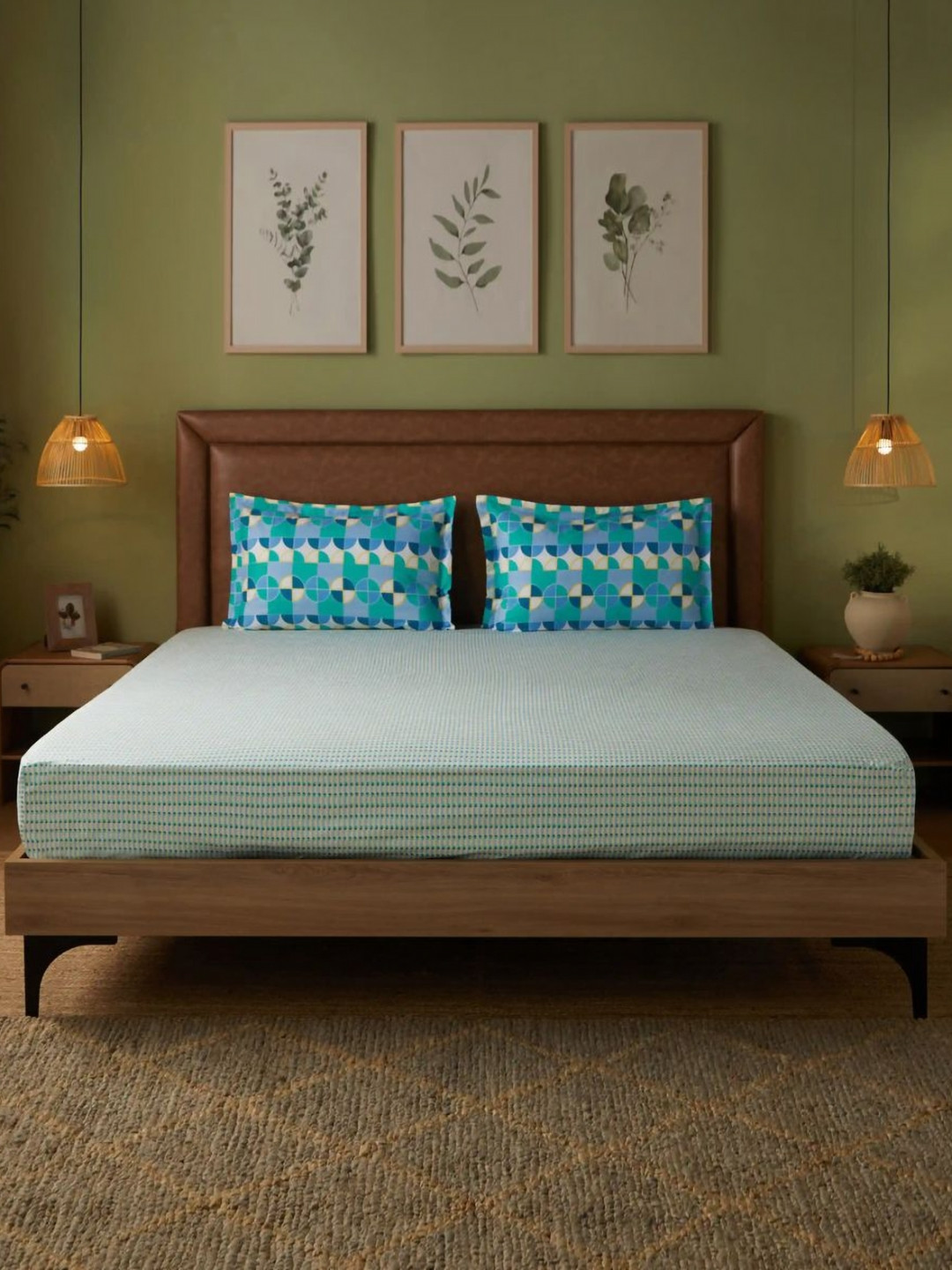 LIVSPACE Mishella Teal Printed Pure Cotton 144 TC Queen Bedsheet Set 1.98 m x 1.58 m