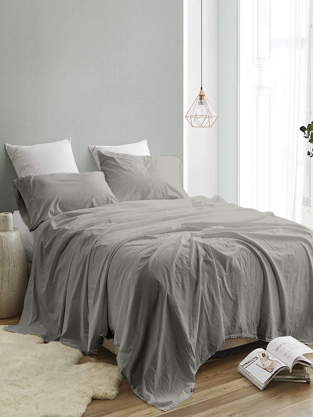 INDRA'S Grey 300 TC Egyptian Cotton King Bedsheet Set-2.74 m x 2.74 m