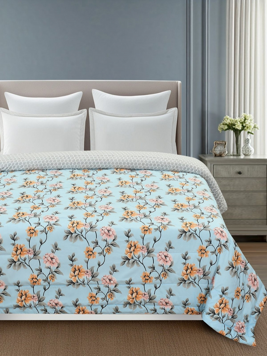 Florida Snug Blue & White Floral AC Room 150 GSM Double Bed Comforter