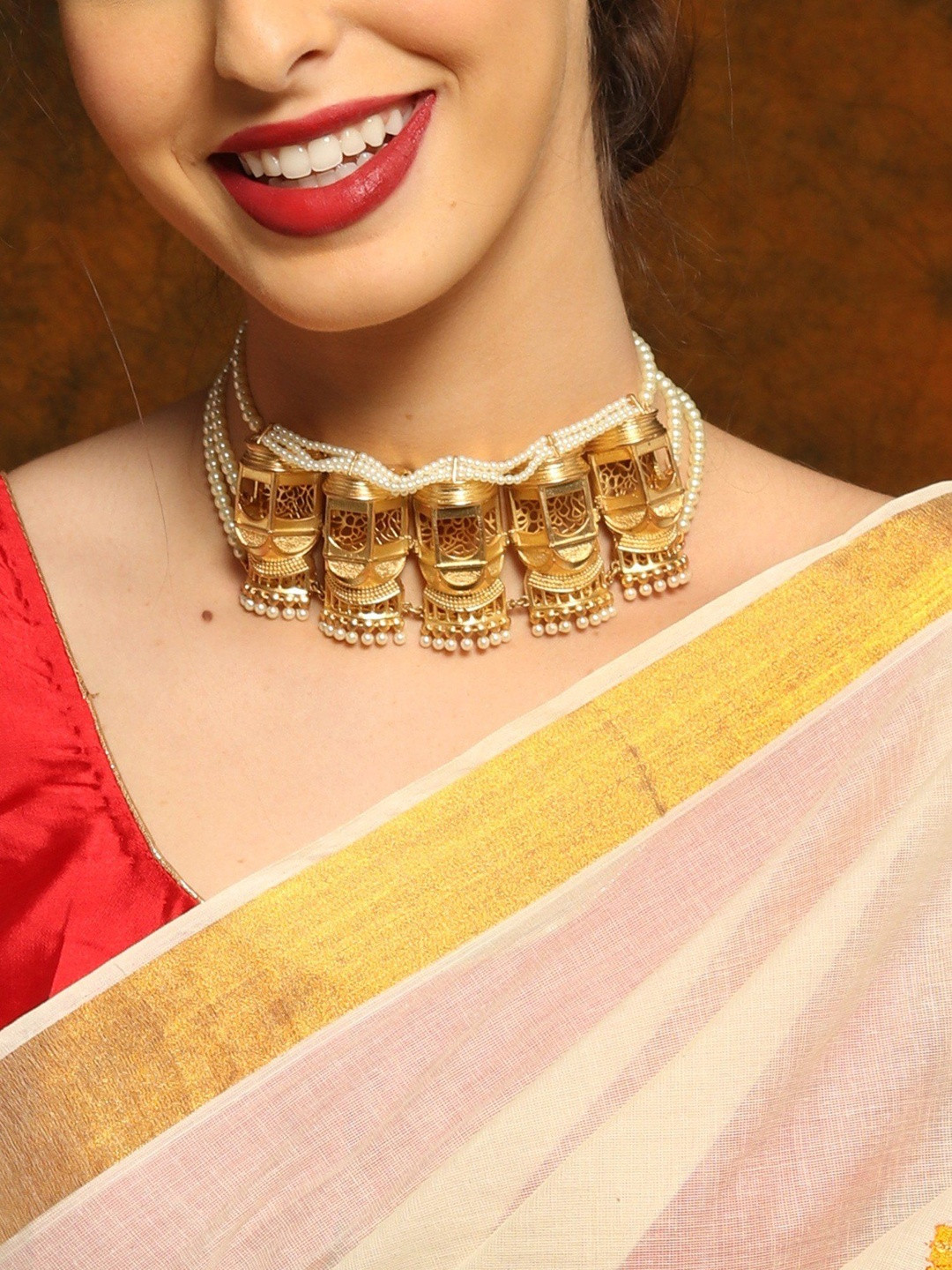Exotic India Brass Pearl Beaded Choker Necklace With Earrings