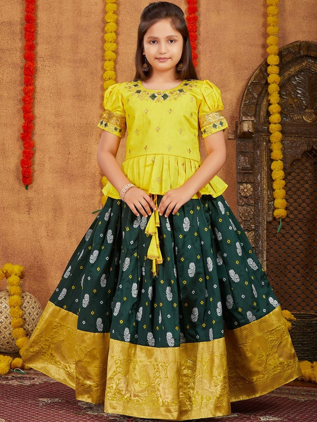 Muhuratam Girls Ethnic Wear Yellow Colour Zari Thread Embroidery Silk Lehenga Choli Set