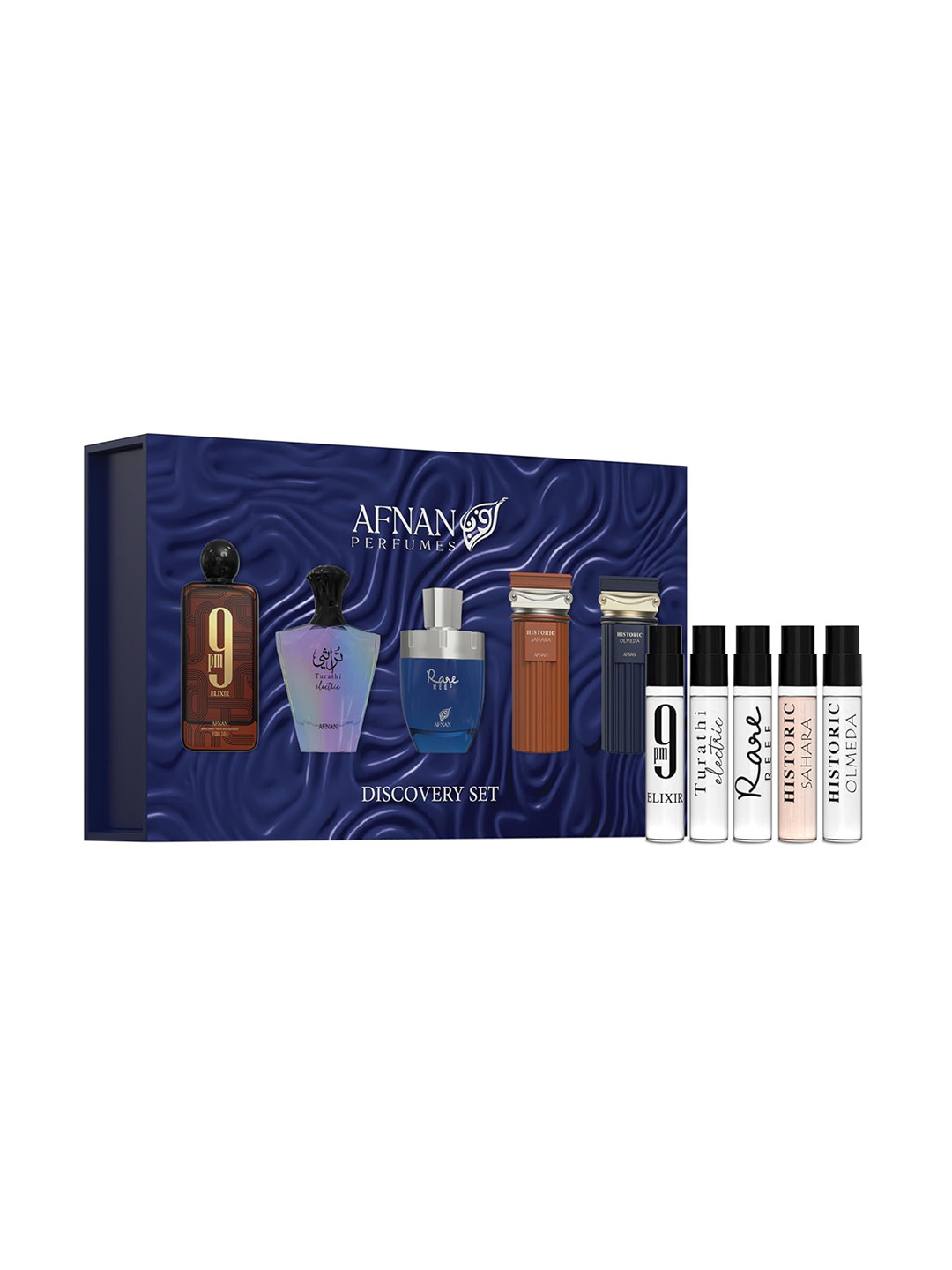 Afnan Set Of 5 9 PM, Historic Olmeda, Sahara, Rare Reef & Turathi Electric EDP - 2 ml Each