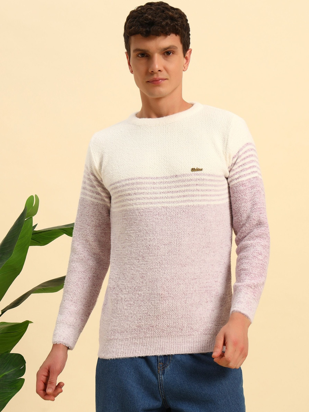 BUDAPEST Men Lavender Striped Woollen Pullover
