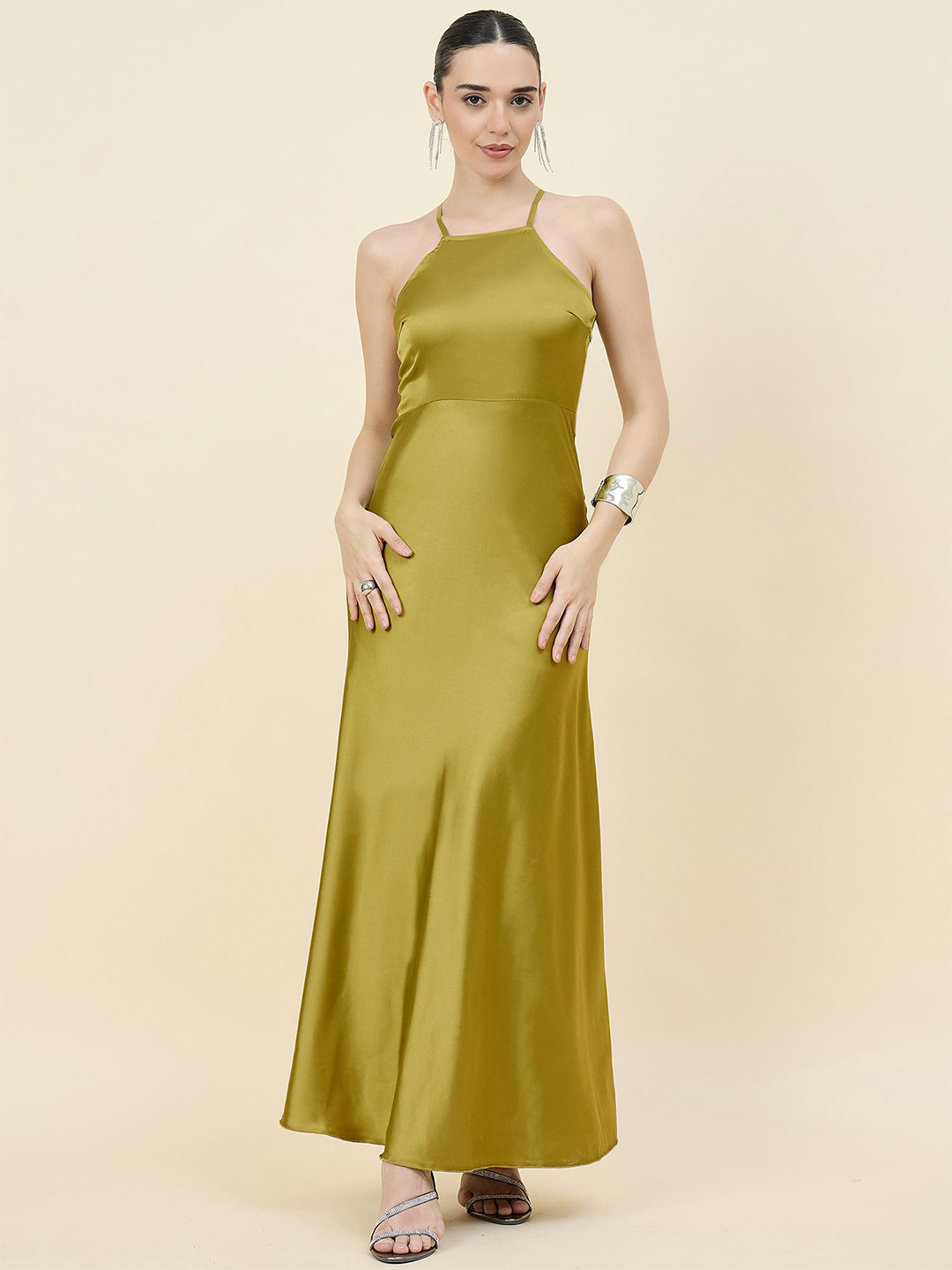 aayu Women Sheen Halter Neck Satin Maxi Dress