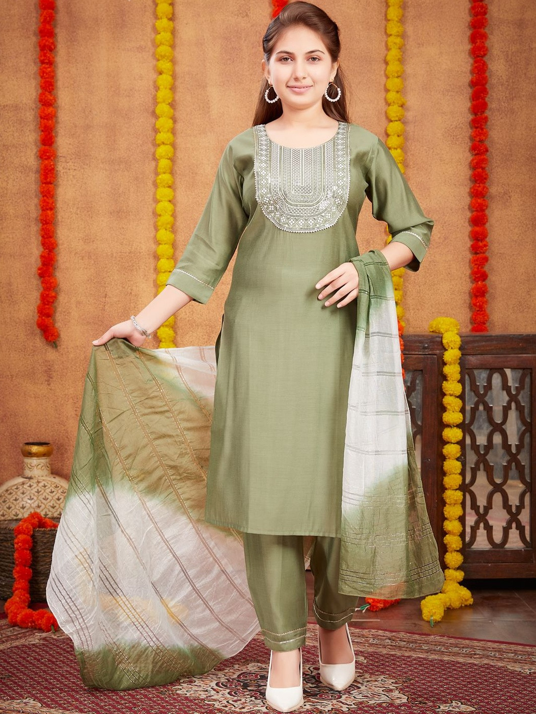 Muhuratam Girls Ethnic Wear Green Colour Sequin Thread Embroidery With Gota Work Silk Kurti Pant Set