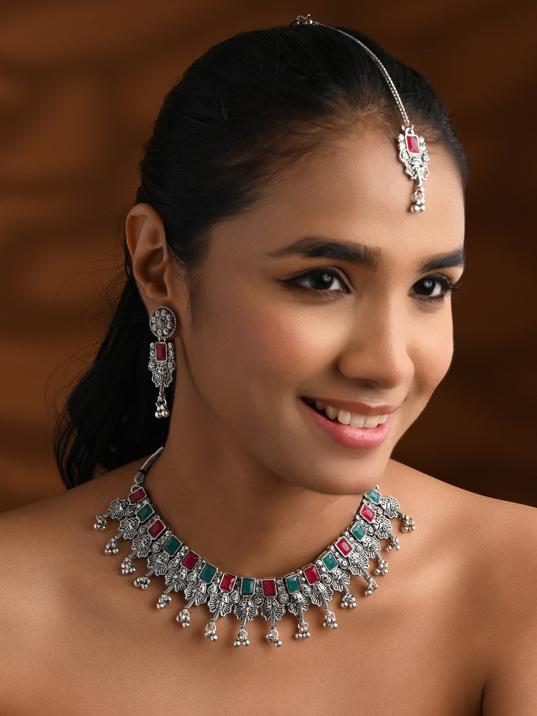 I Jewels Silver Plated Stone Studded Boho Oxidised Jewellery Set
