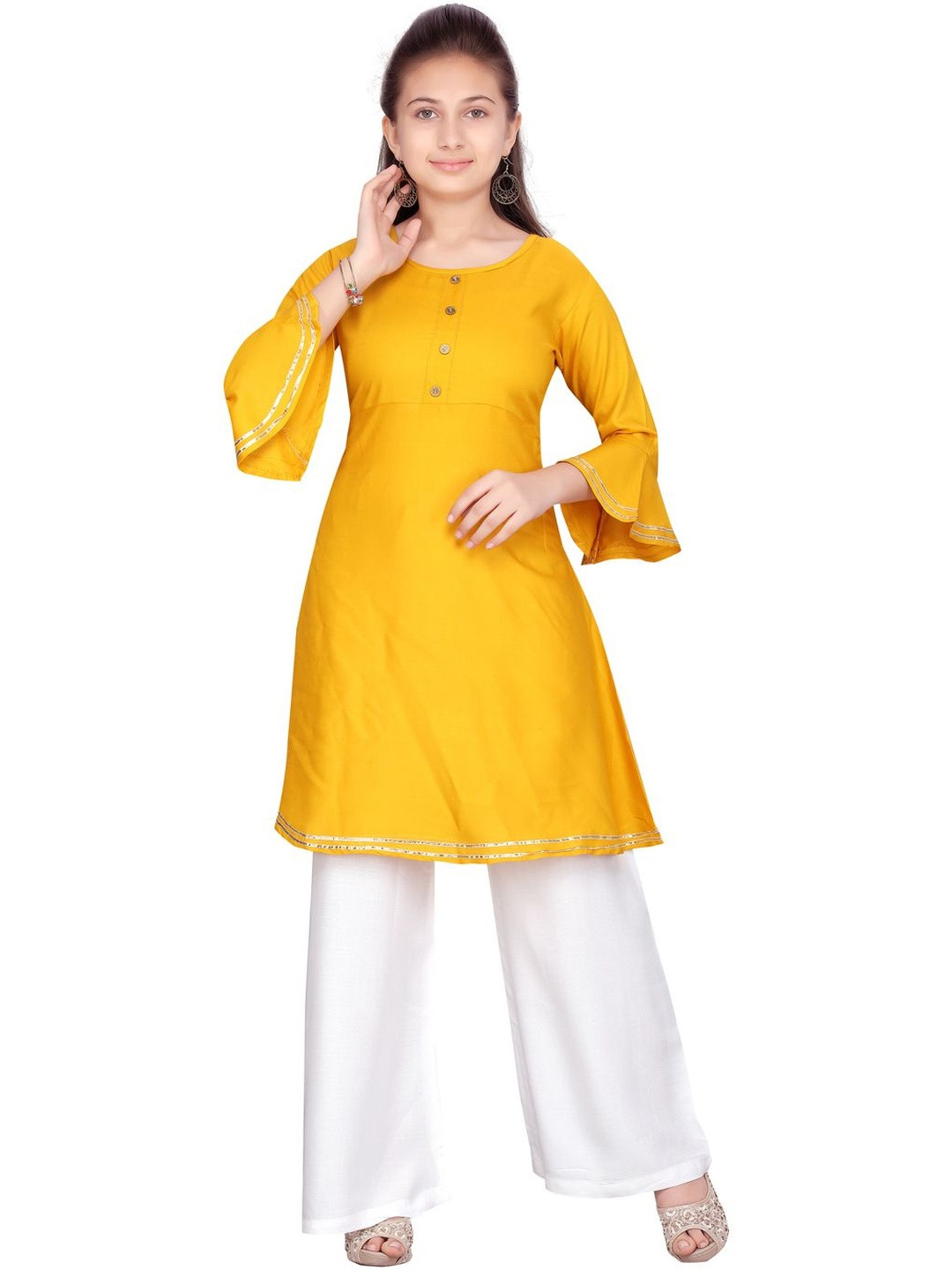 Muhuratam Girls Pure Cotton Indigo A-Line Kurti With Palazzo