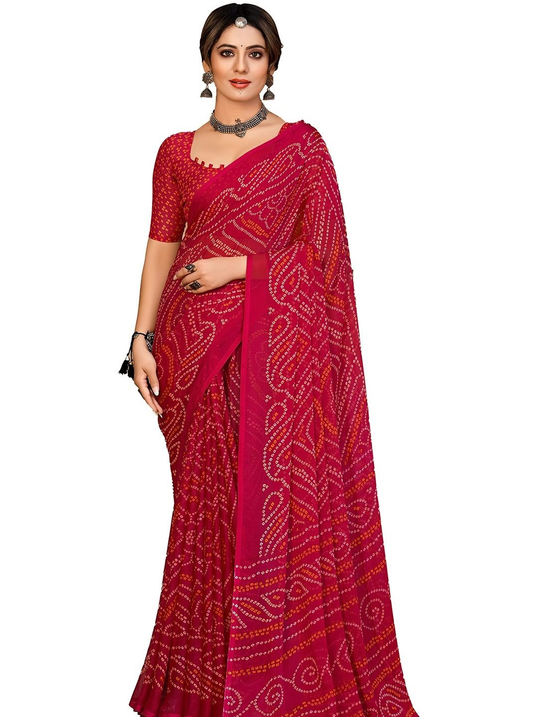 INDONIQ Printed Poly Chiffon Bandhani Saree
