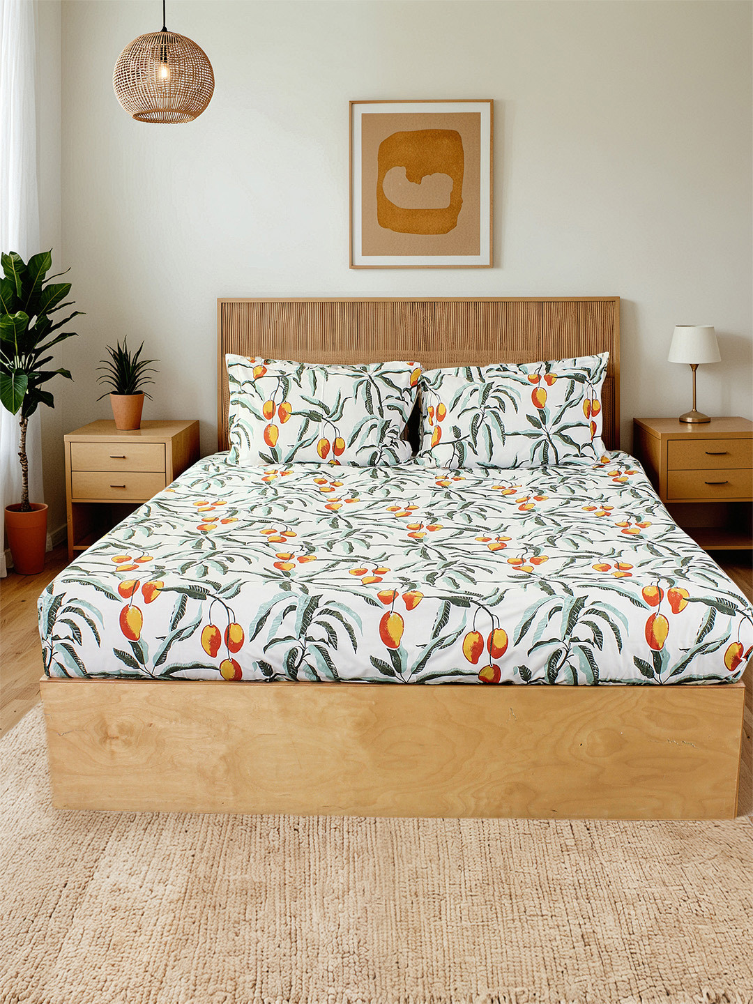 House This Amra White Leaf Pure Cotton 180 TC Fitted Queen Fine 3 Bedsheet with 2 Pillow Covers-71 x 75 inches