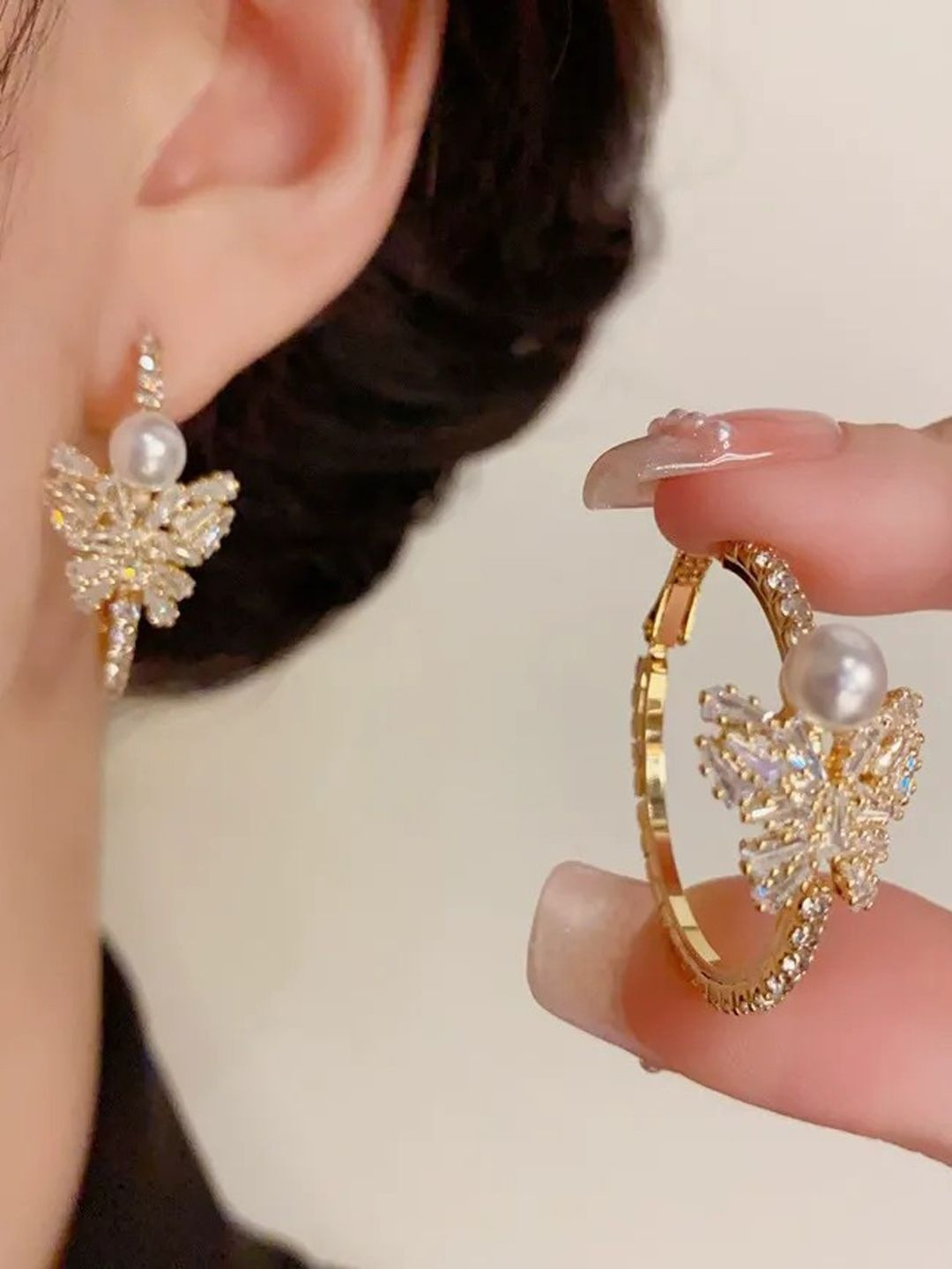 FIMBUL Women Gold-Plated Crystal Butterfly Hoop Earrings