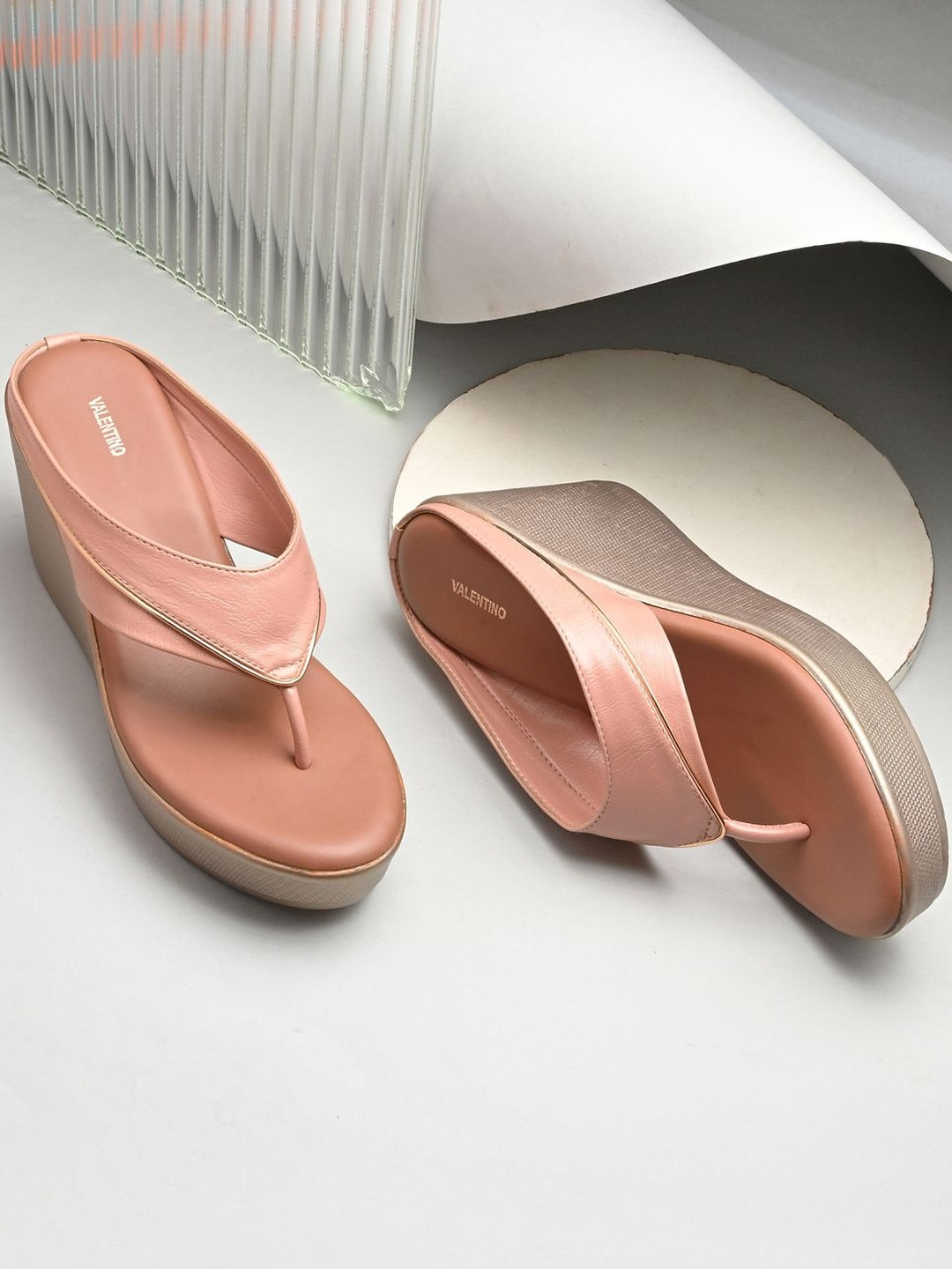 Valentino Women Peach Solid Open Back Synthetic Leather Round Toe Casual Wedge Heels