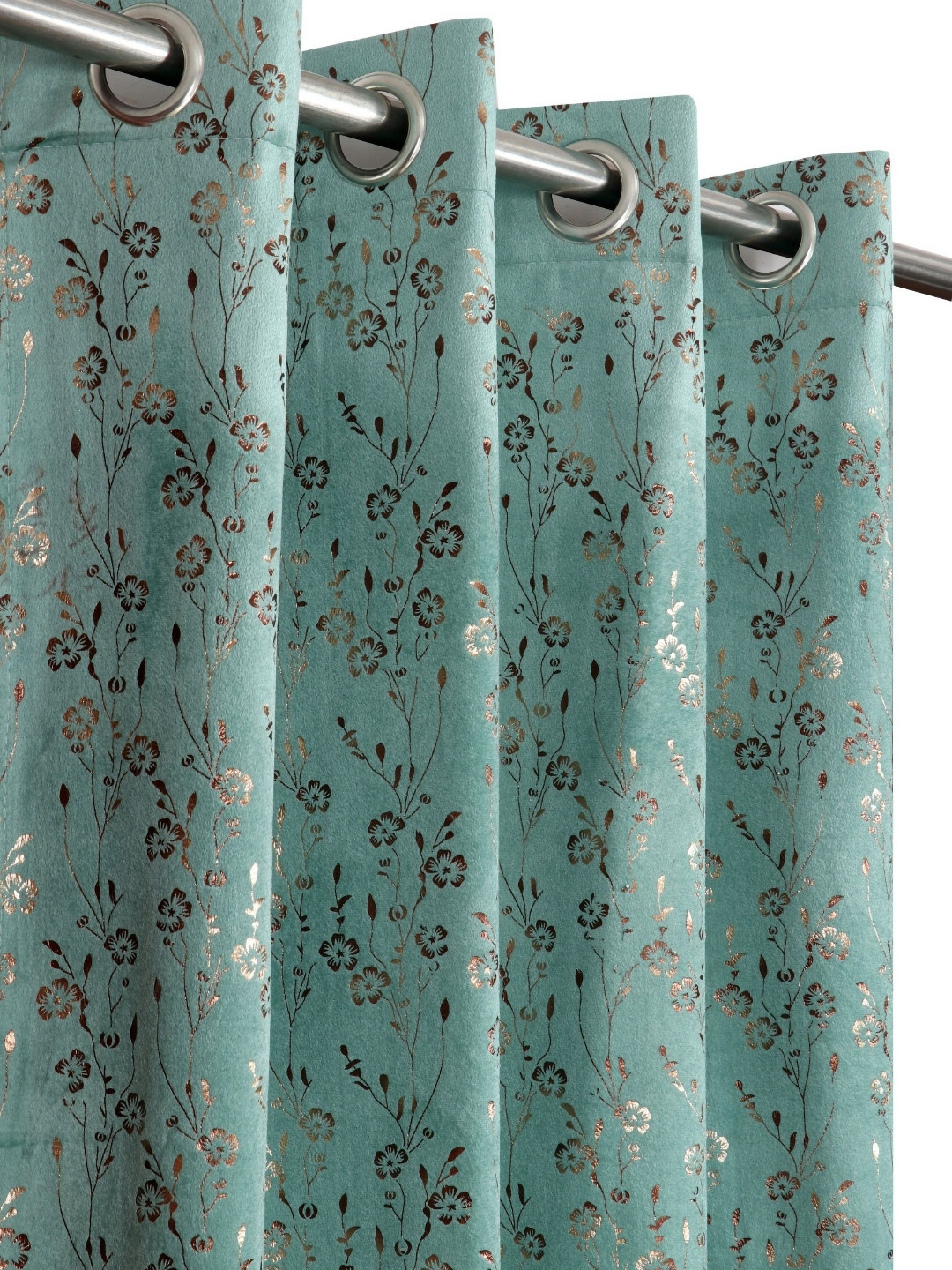GEET CREATIONS Turquoise Blue & Rose Gold 2 Pieces Floral Printed Velvet Long Door Curtain