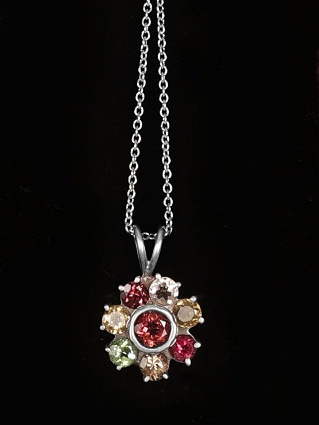 Exotic India Women Flower Design Sterling Silver Pendant with Multiple Gemstone