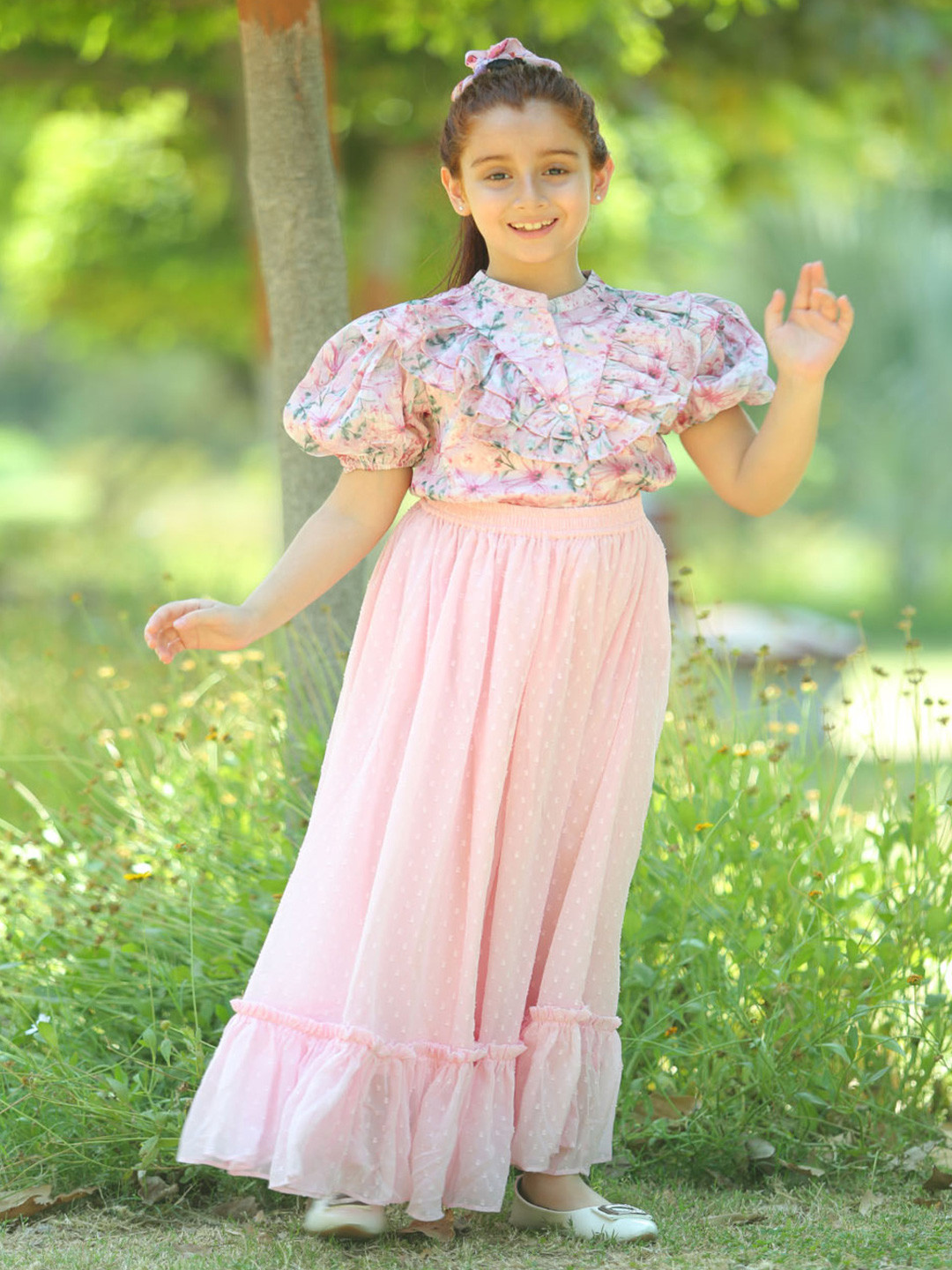 LH LUXURY FASHION Girls Printed Mandarin Collar Pure Silk Top With Skirt