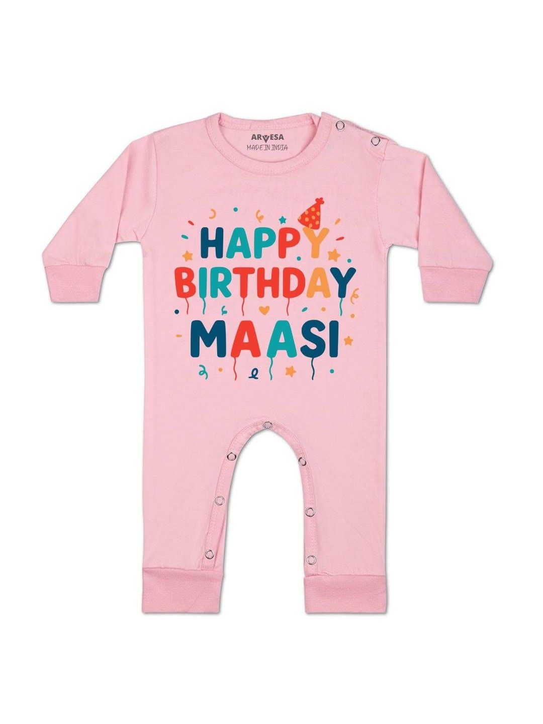 Arvesa Kids Happy Birthday Maasi Printed Round Neck Long Sleeves Baby Rompers