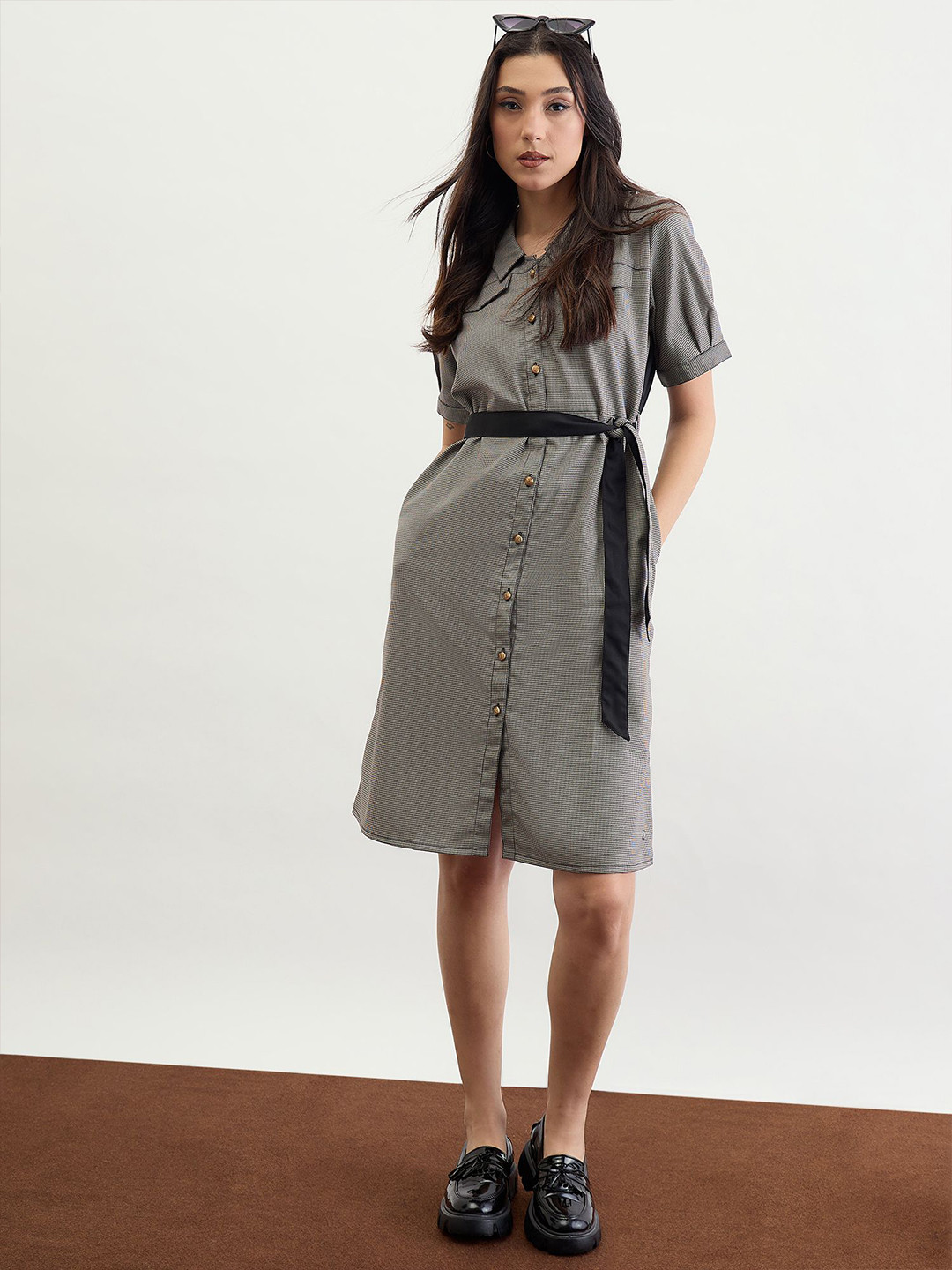 Iconic Checked Monochrome Belted Shirt Dress