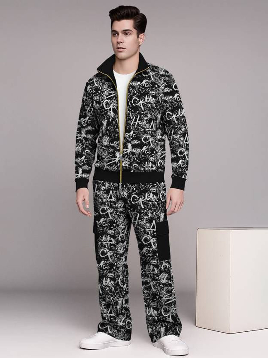 TRIPR Printed Shirt Collar Neck Sweatshirt With Trousers