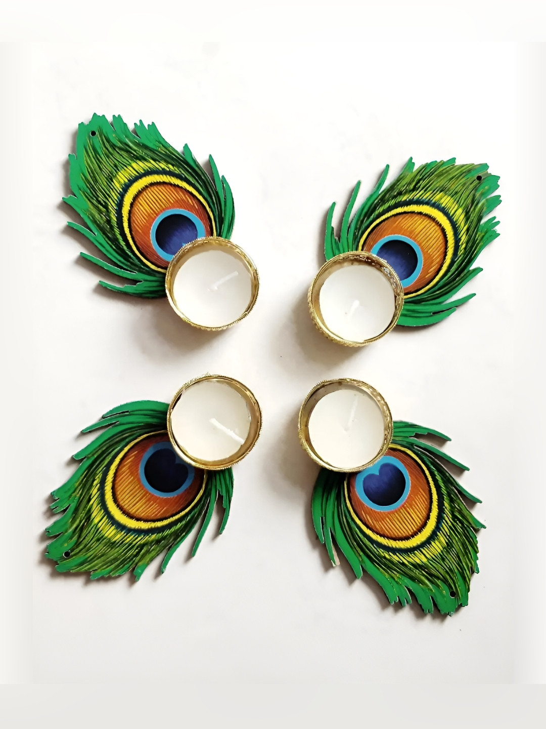 Sellplus Green & Blue 4 Pieces Textured Peacock Feather Tealight Candle Holders