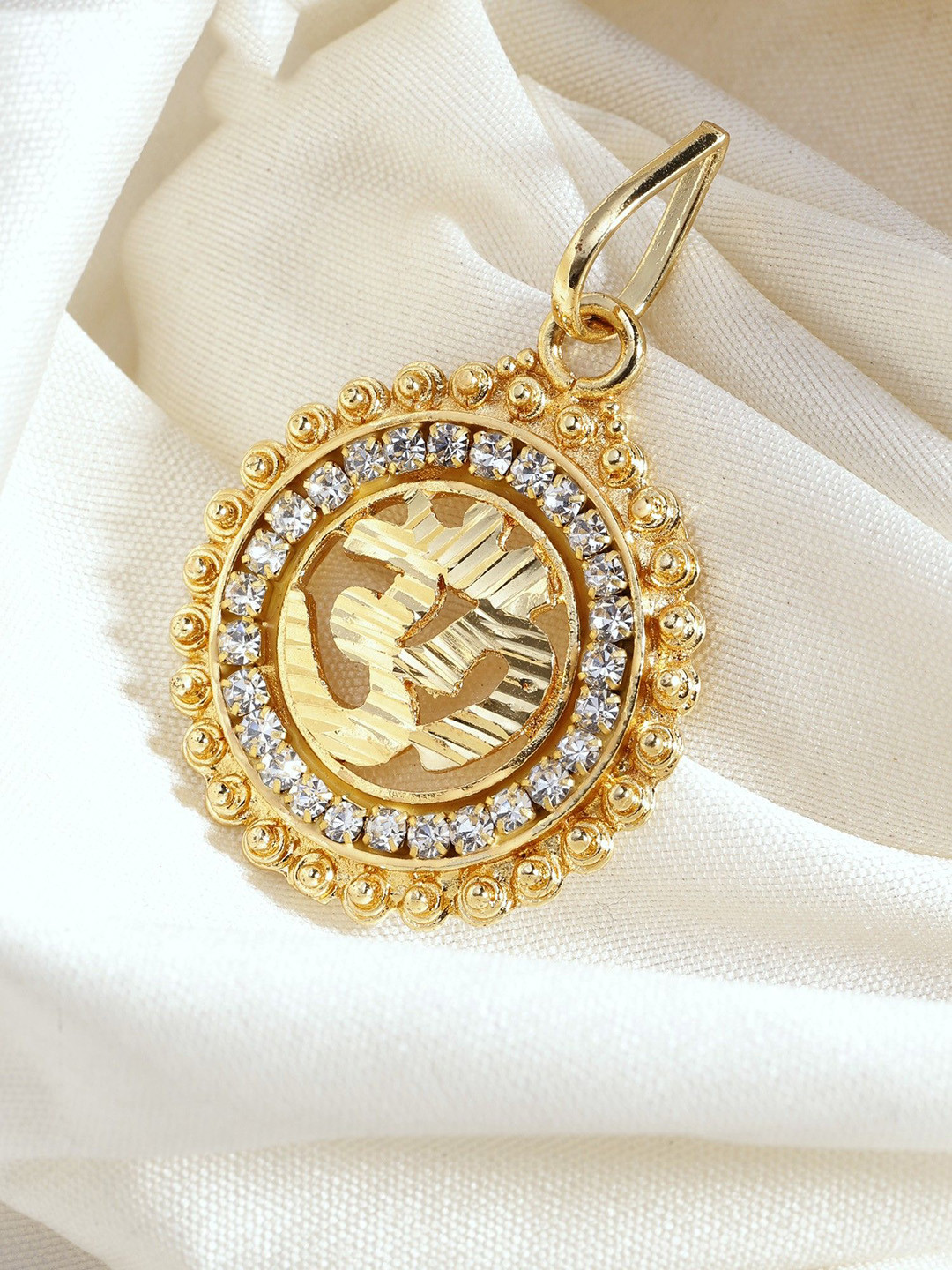 Exotic India Women Artificial Stones Studded Round Shape Om Pendant