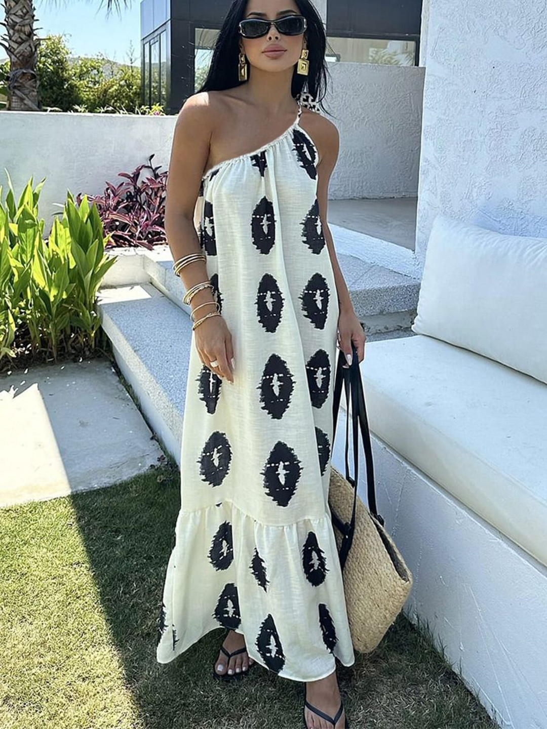 StyleCast Printed One Shoulder A-Line Maxi Dress