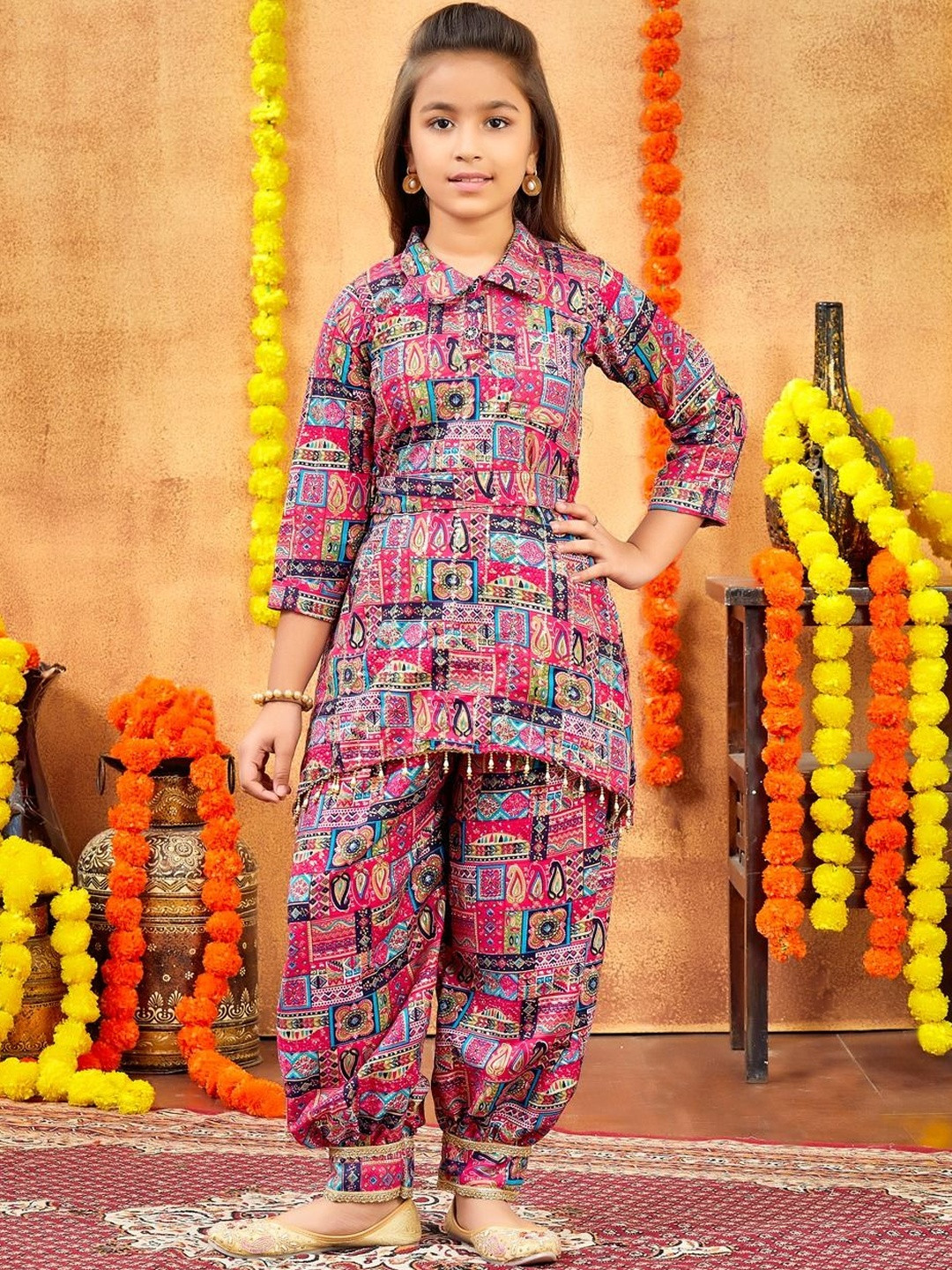 Muhuratam Girls Ethnic Wear Abstract Printed Cotton Kurti Patiala Set With Belt