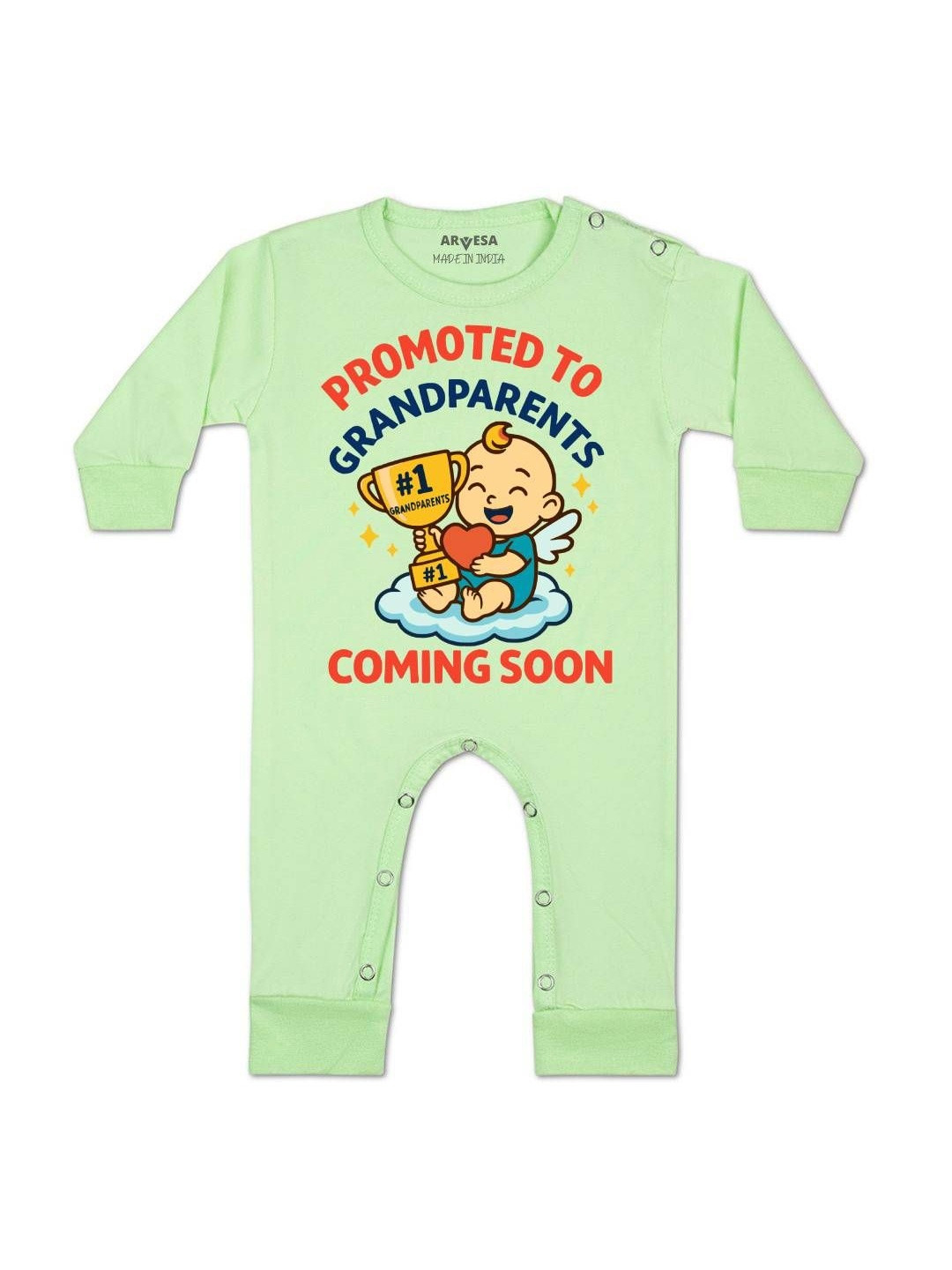 Arvesa Infants Coming Soon Printed Round Neck Long Sleeves Cotton Rompers