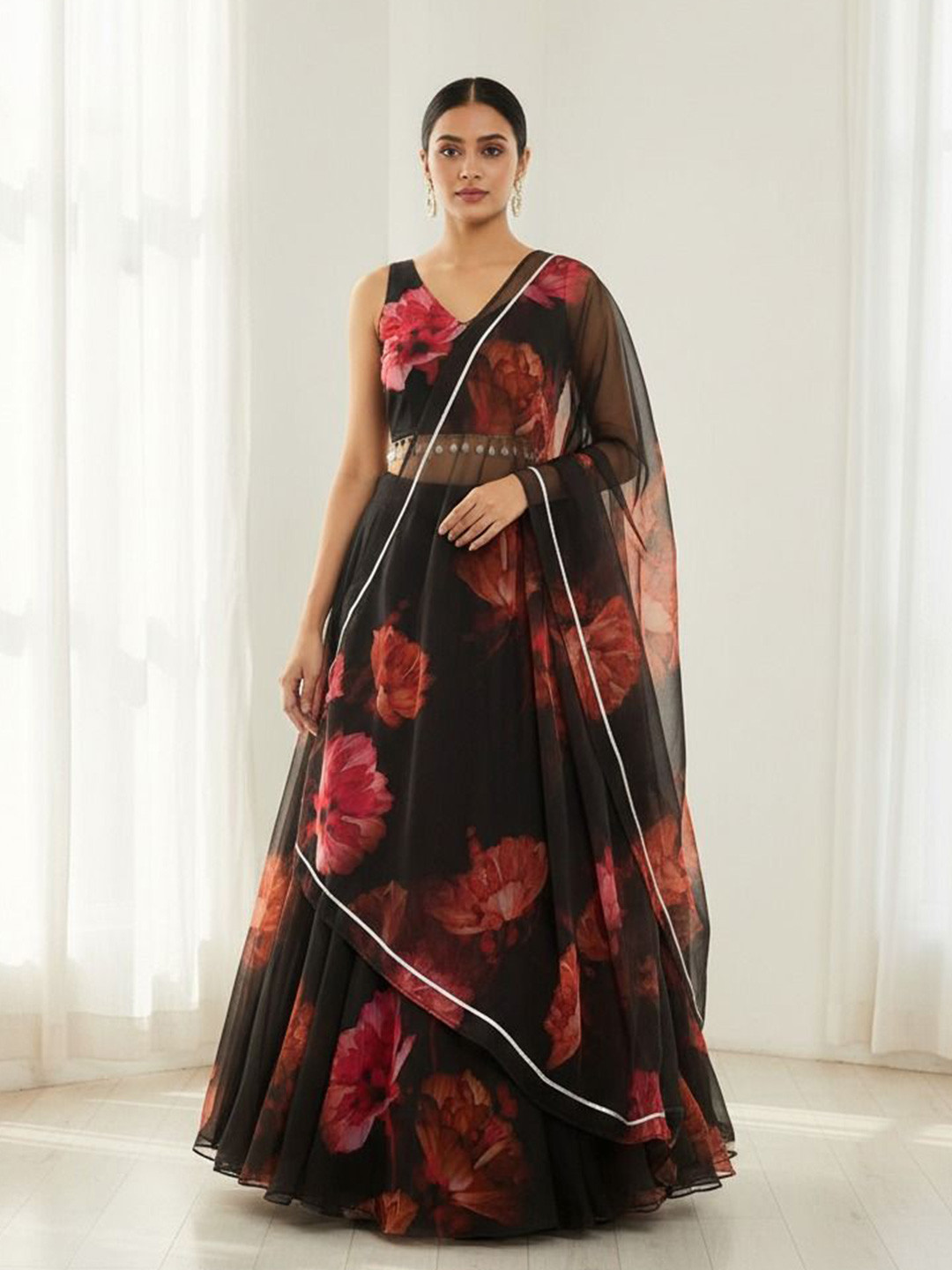 LIPS CROWN Printed Organza Semi-Stitched Lehenga & Ready to Wear Blouse With Dupatta