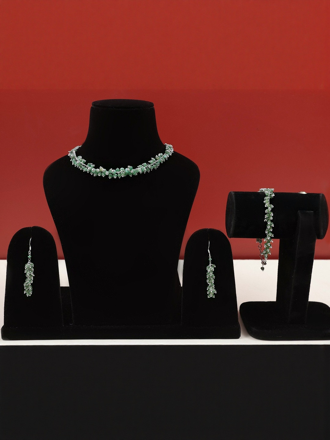 Exotic India Sterling Silver Onyx -Studded Jewellery Set