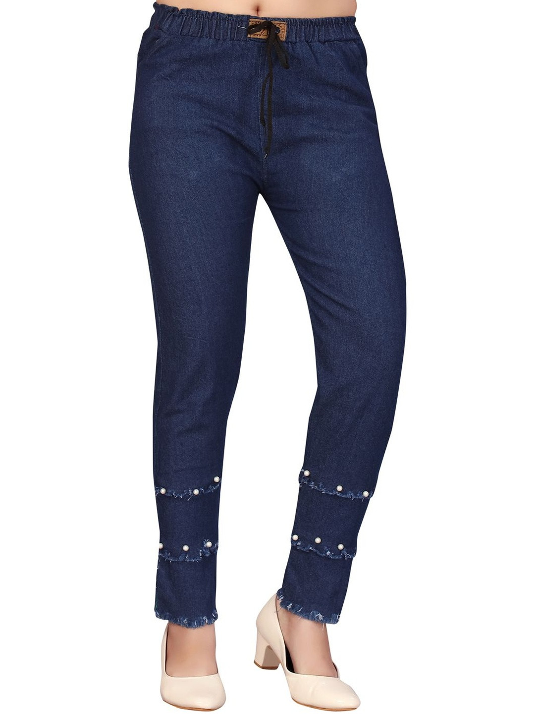 Muhuratam Girls Party Wear Navy Blue Colour Beads Emballished Denim Jeans
