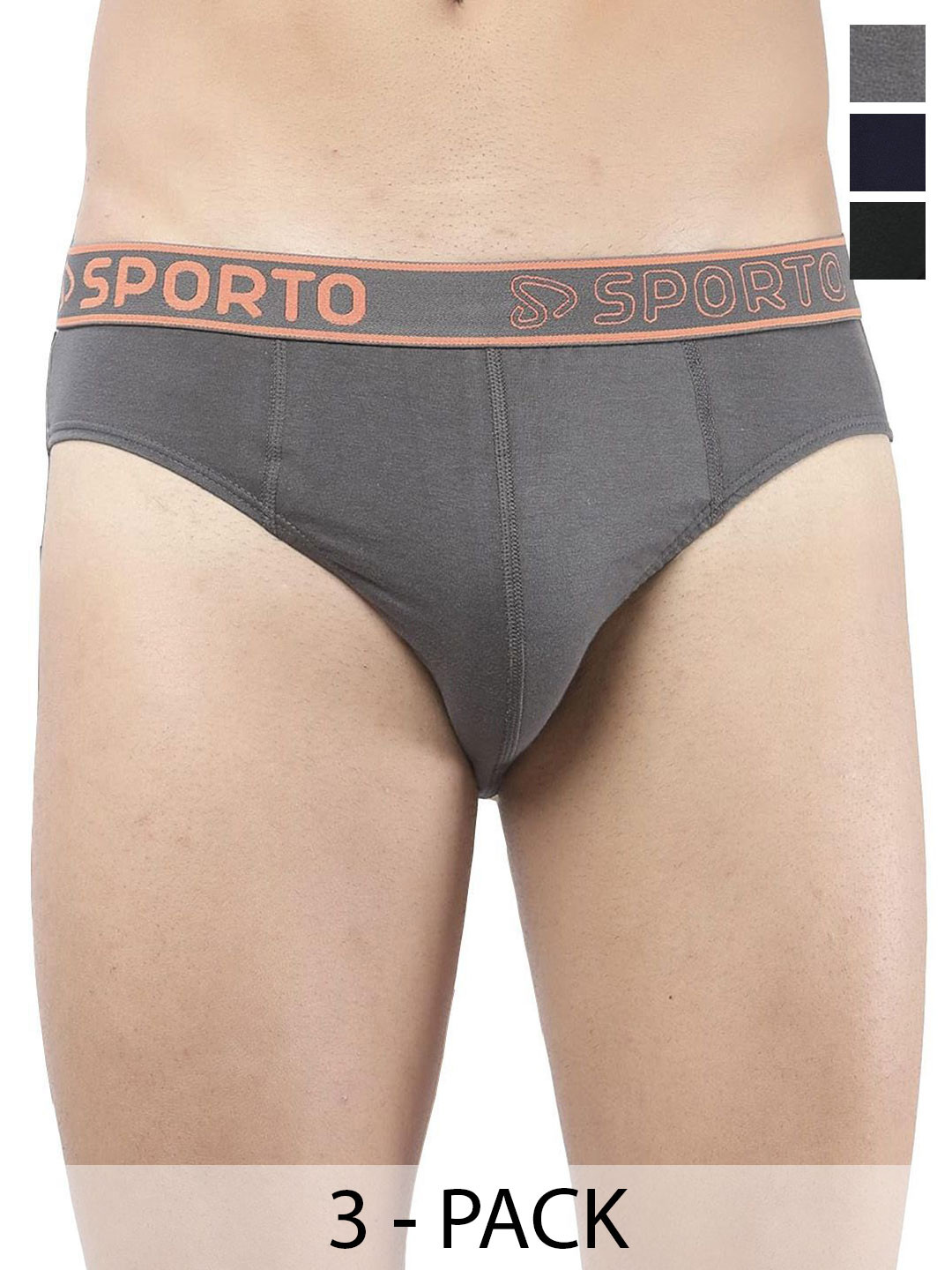 Sporto by Macho Pack Of 3 Combed Cotton Basic Briefs Sprto-M1010_CH(1)-N(1)-Olv(1)-XL