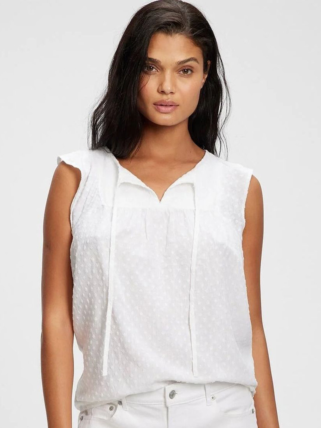 GAP Women Textured Pure Cotton Relaxed Fit Tie-Up Neck Top