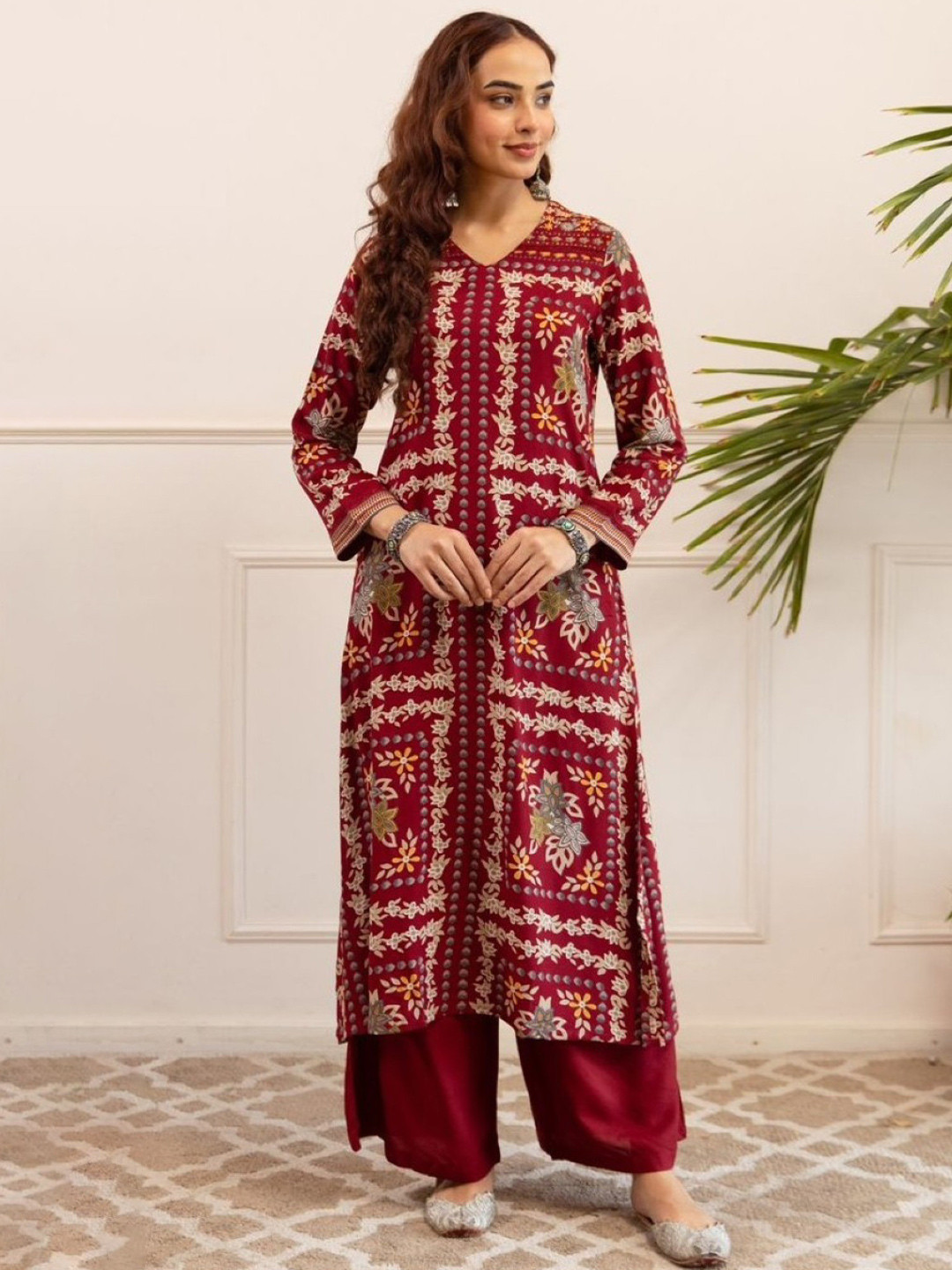 AUTUMN LANE Kabool Firebrick Ethnic Motifs Printed V-Neck Pure Cotton Kurta With Palazzos