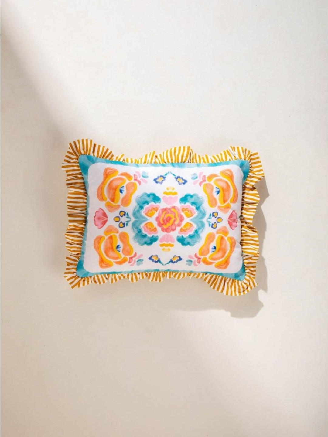 FREEDOM TREE Rose Frills White & Orange Colored Printed Cotton Rectangle Cushion Covers