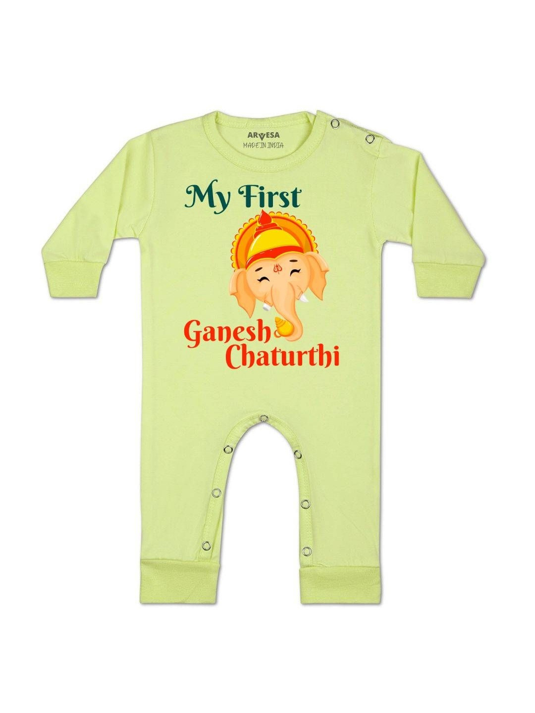 Arvesa My First Kids Ganesh Chaturthi Printed Round Neck Long Sleeves Rompers