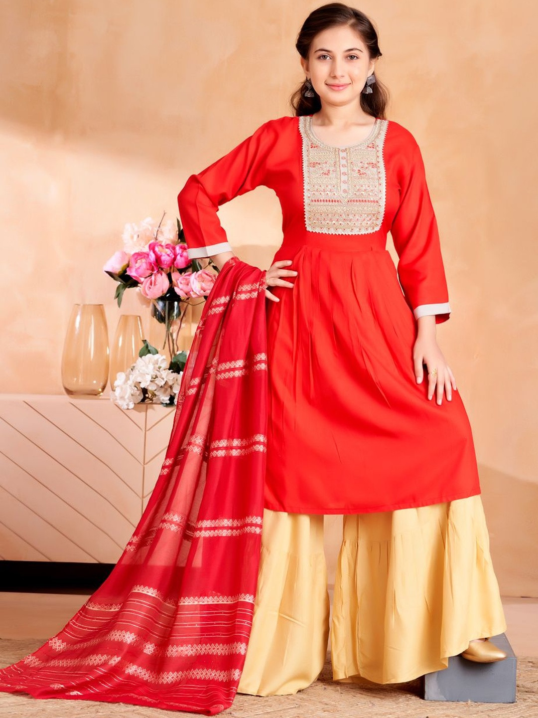 Muhuratam Girls Ethnic Wear Red Colour Zari Embroidery Kurti