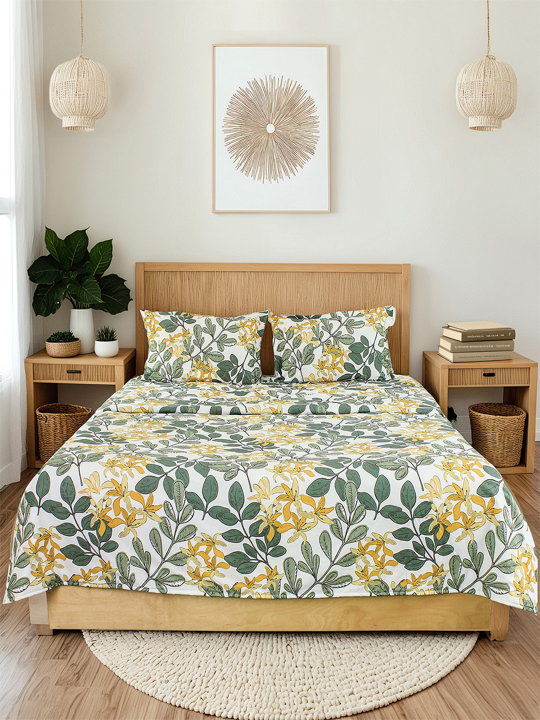 House This White & Green Floral AC Room 110 GSM Double Bed Dohar