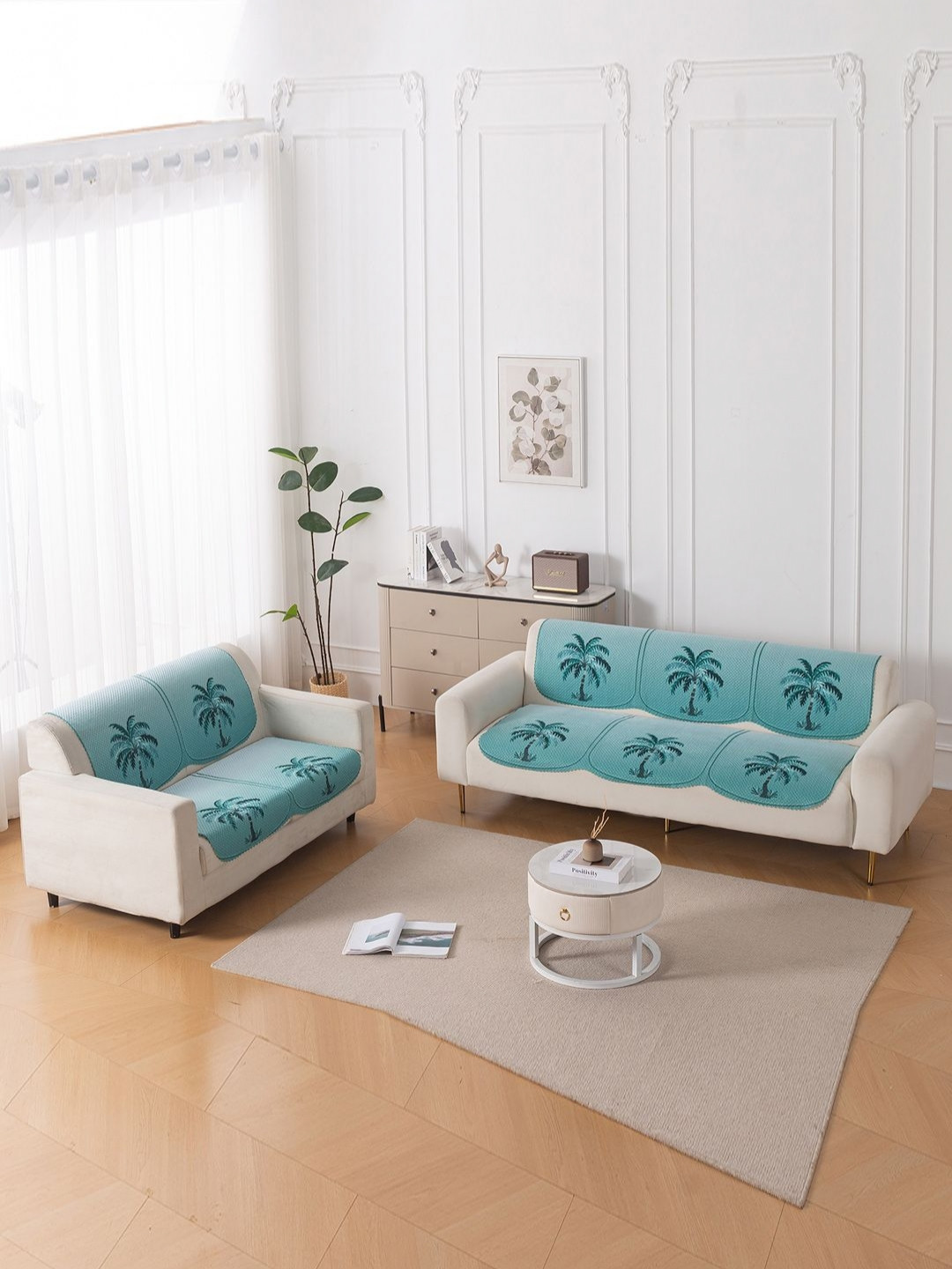HOKIPO HeavenHue Blue & Teal 10 Pieces Printed 5 Seater Sofa Covers