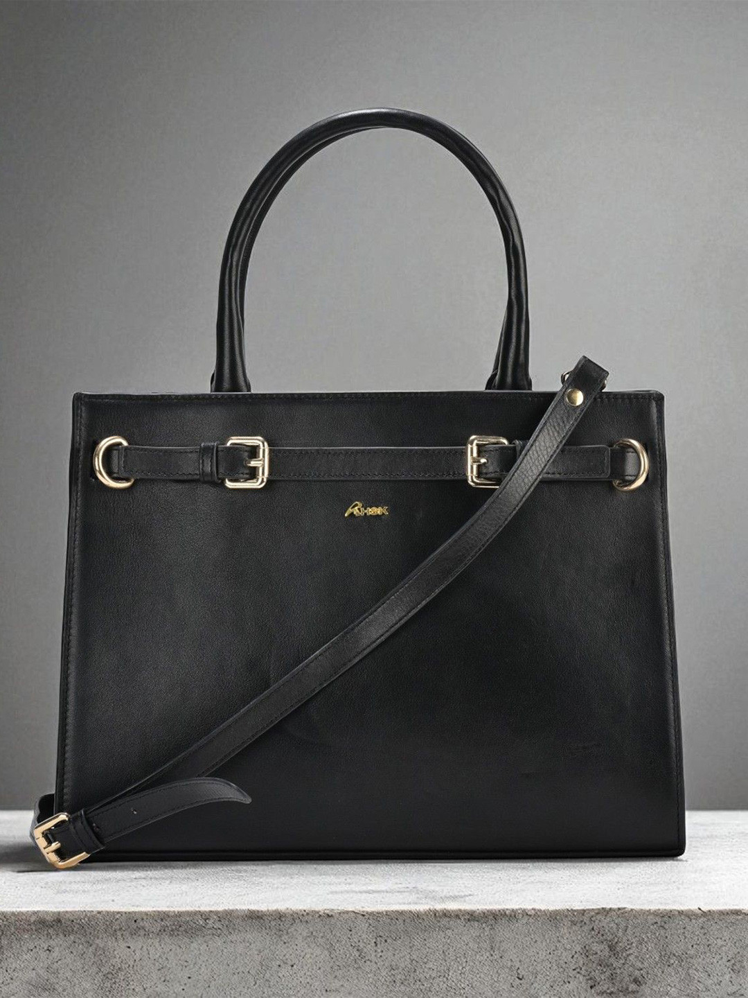 HHSK Women Solid Structured Buckle Detail Leather Handheld Bag
