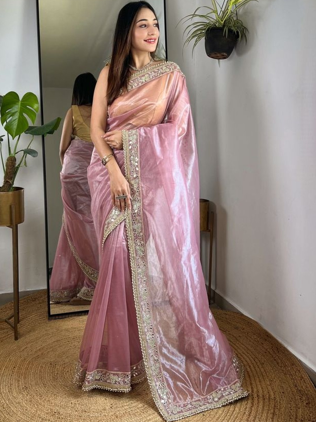 HERE&NOW Embellished Mirror Work Silk Blend Heavy Work Saree