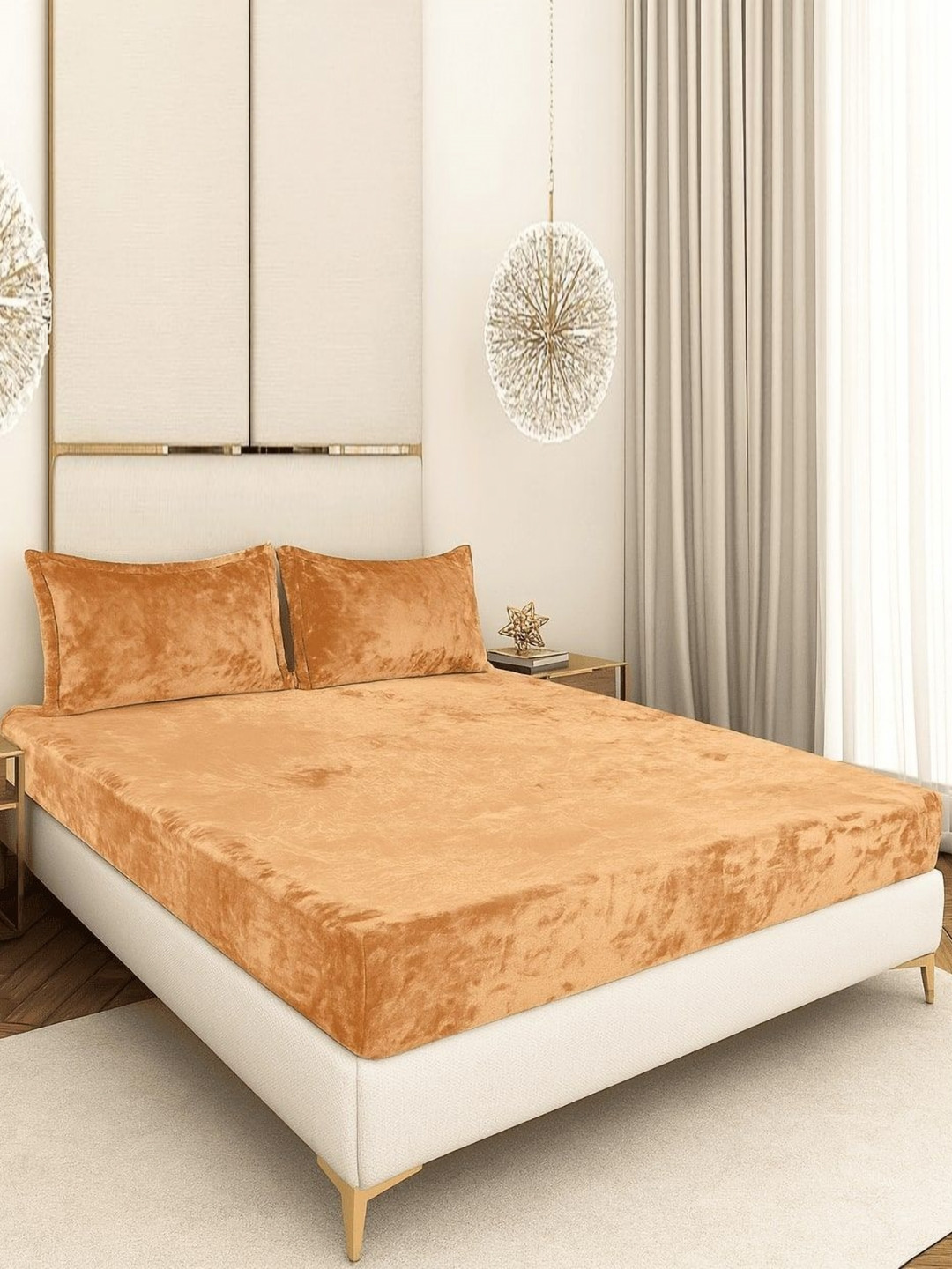 BLUEDOT Golden Velvet Flannel Warm Fitted King Bedsheet Set