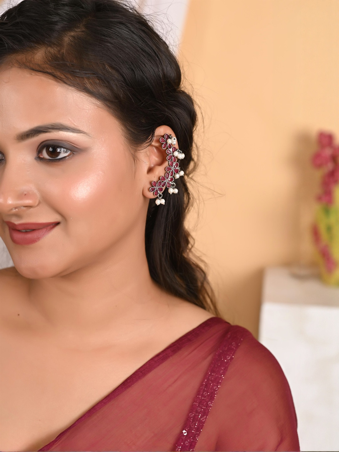 Tanusha Jewels Women Pink & Silver-Plated Floral Pearls Studded Brass Ear Cuff Earrings