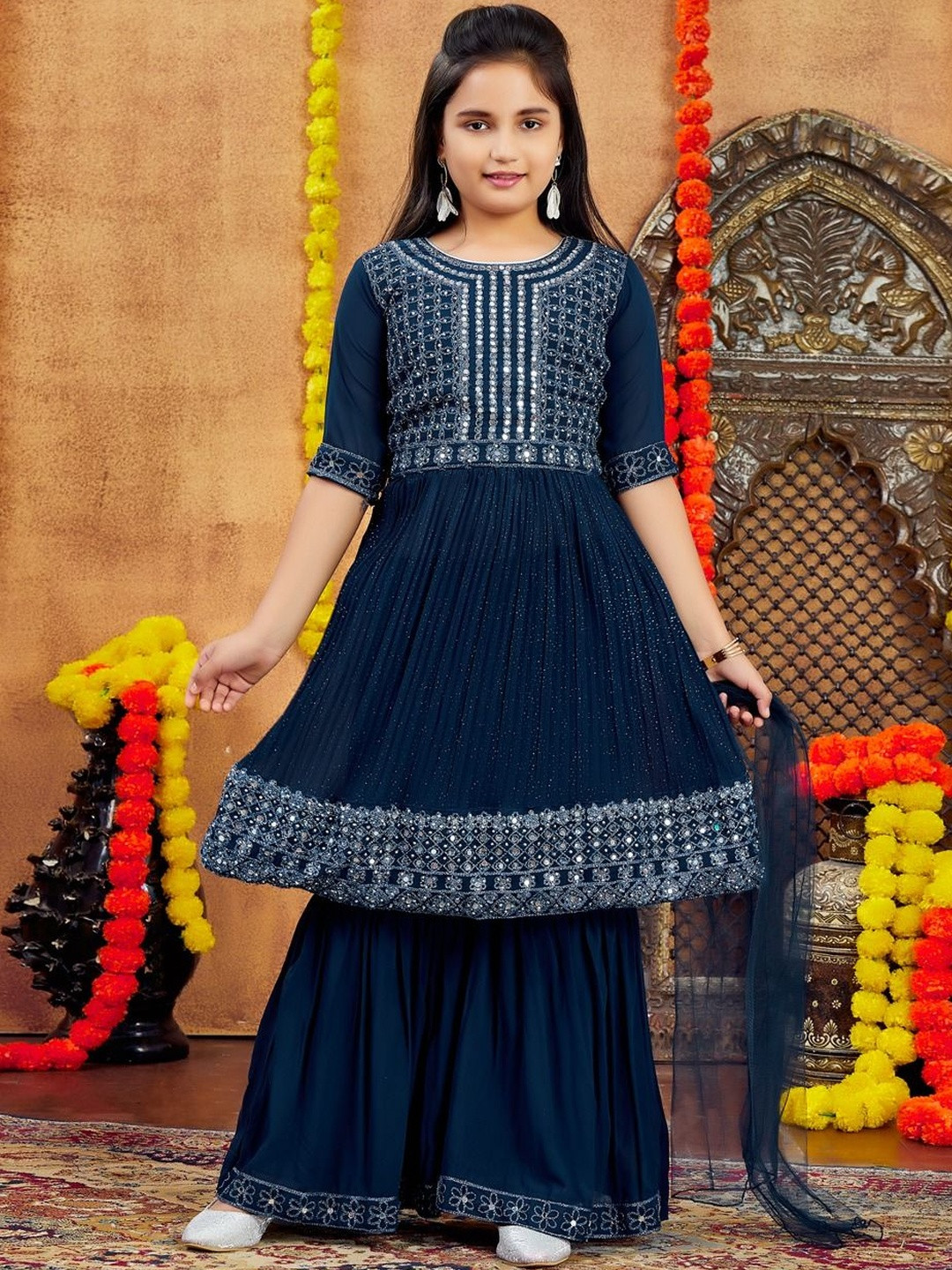 Muhuratam Girls Ethnic Wear Teal Blue Colour Mirror Embroidery Georgette Kurti Sharara Set